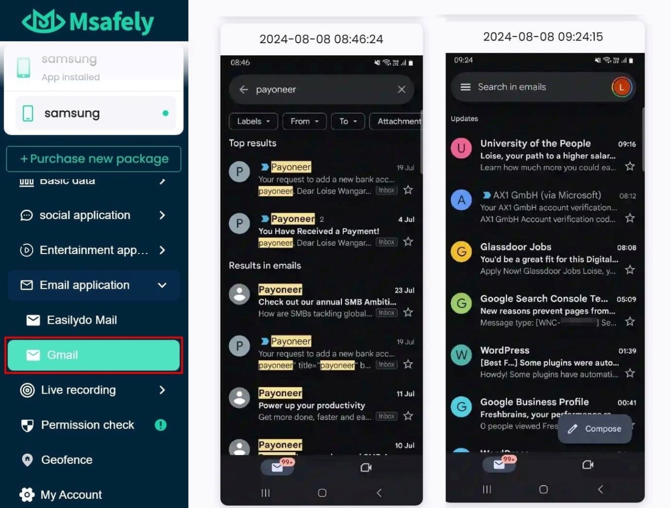 Uma imagem do rastreamento de e-mails no Msafely