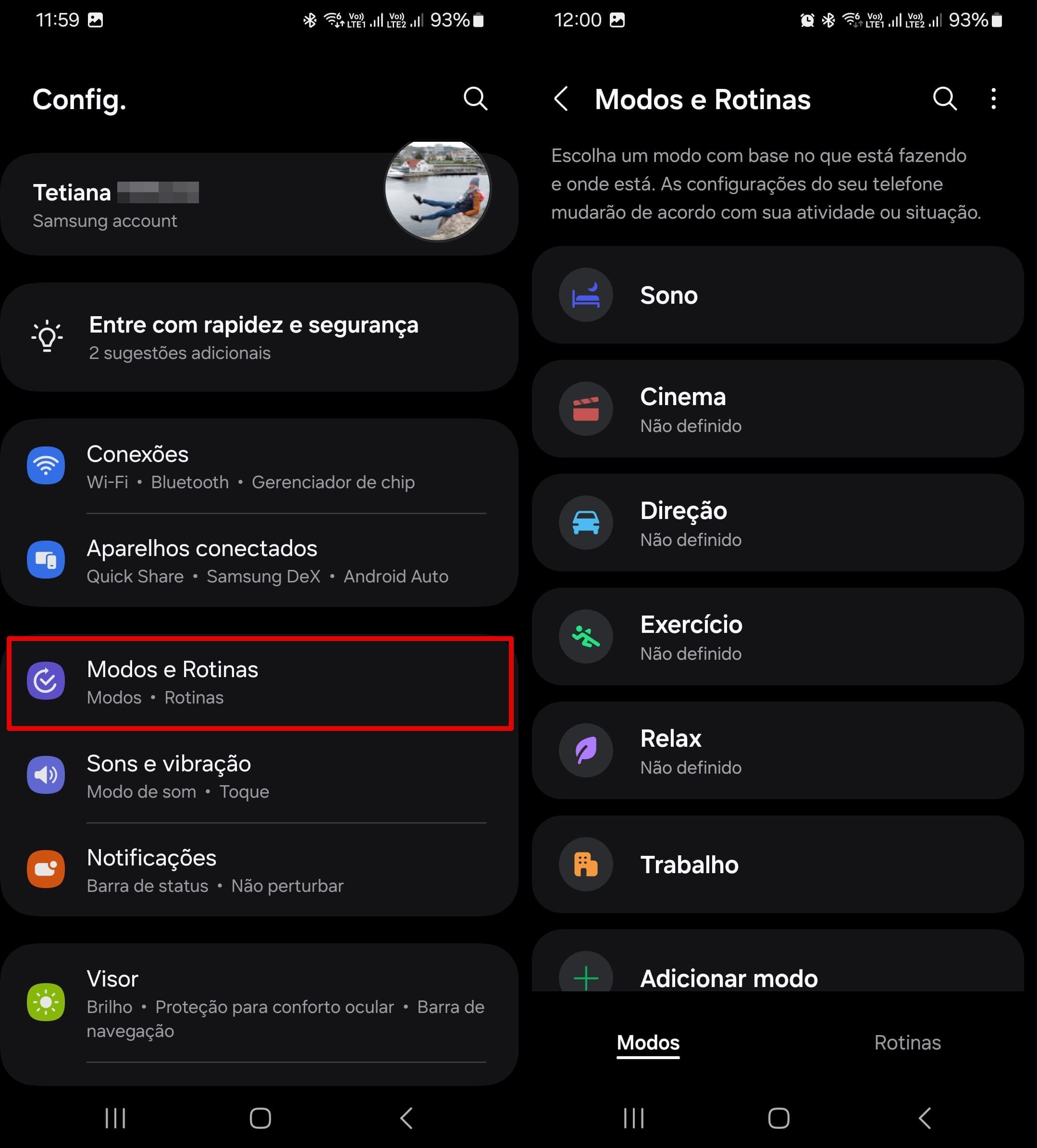 Acesso à configuração Modos e rotinas no Android