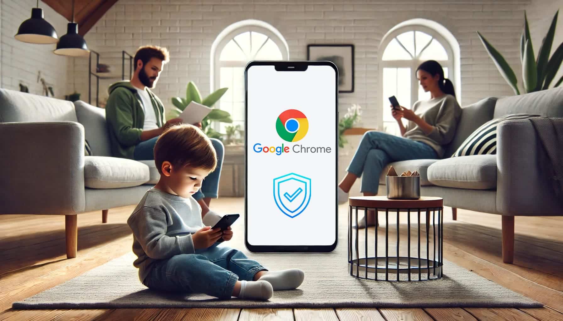 Uma família de três pessoas em casa, imersa em seus dispositivos: a criança está olhando para o telefone, os pais também estão usando aparelhos em segundo plano. Logotipo do Google Chrome com o ícone de segurança em primeiro plano