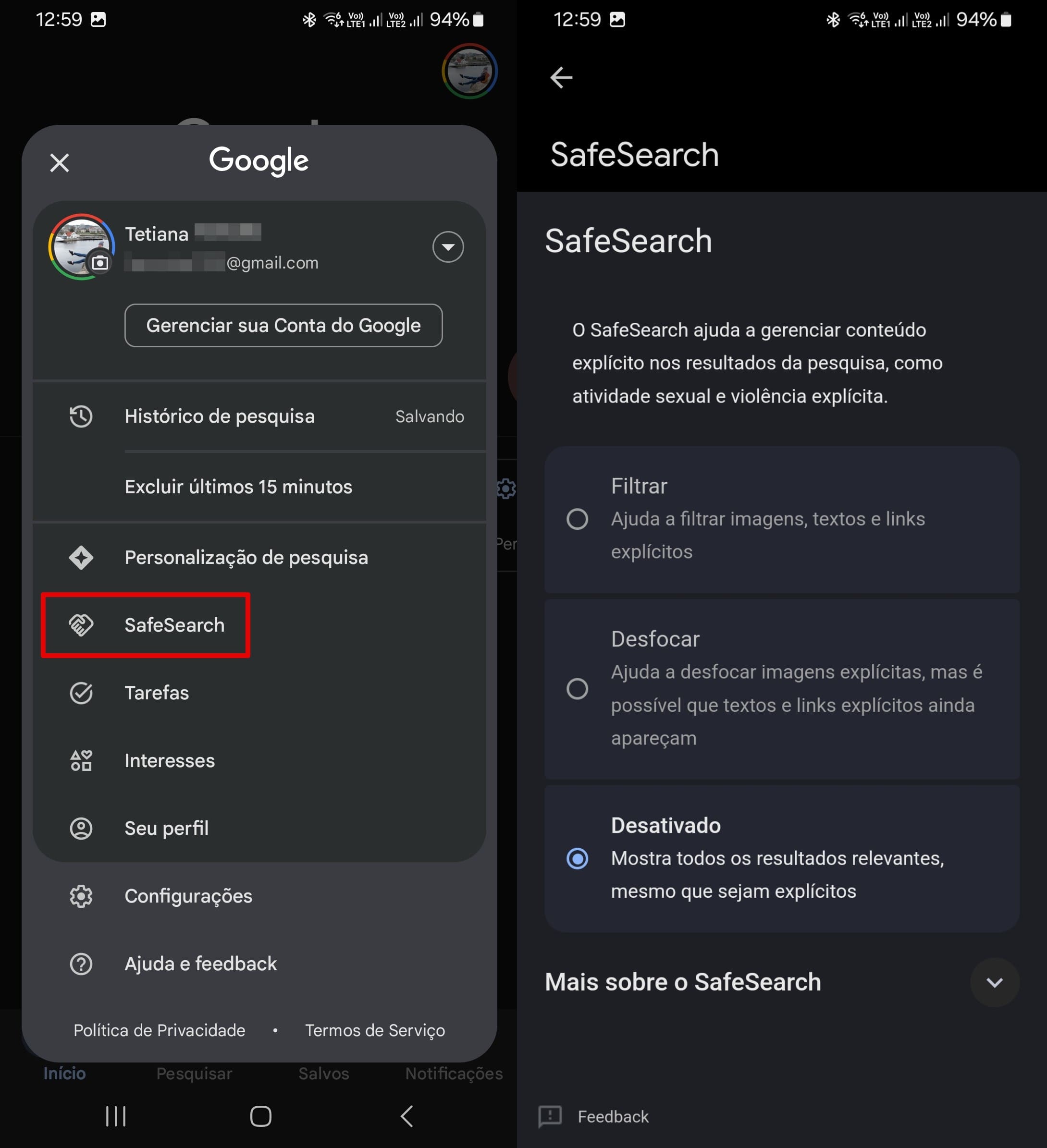 Menu do Google Search com a opção Filtrar destacada na opção Safe search