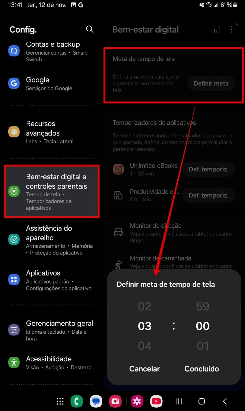 Configuração da meta de tempo de tela no tablet Galaxy