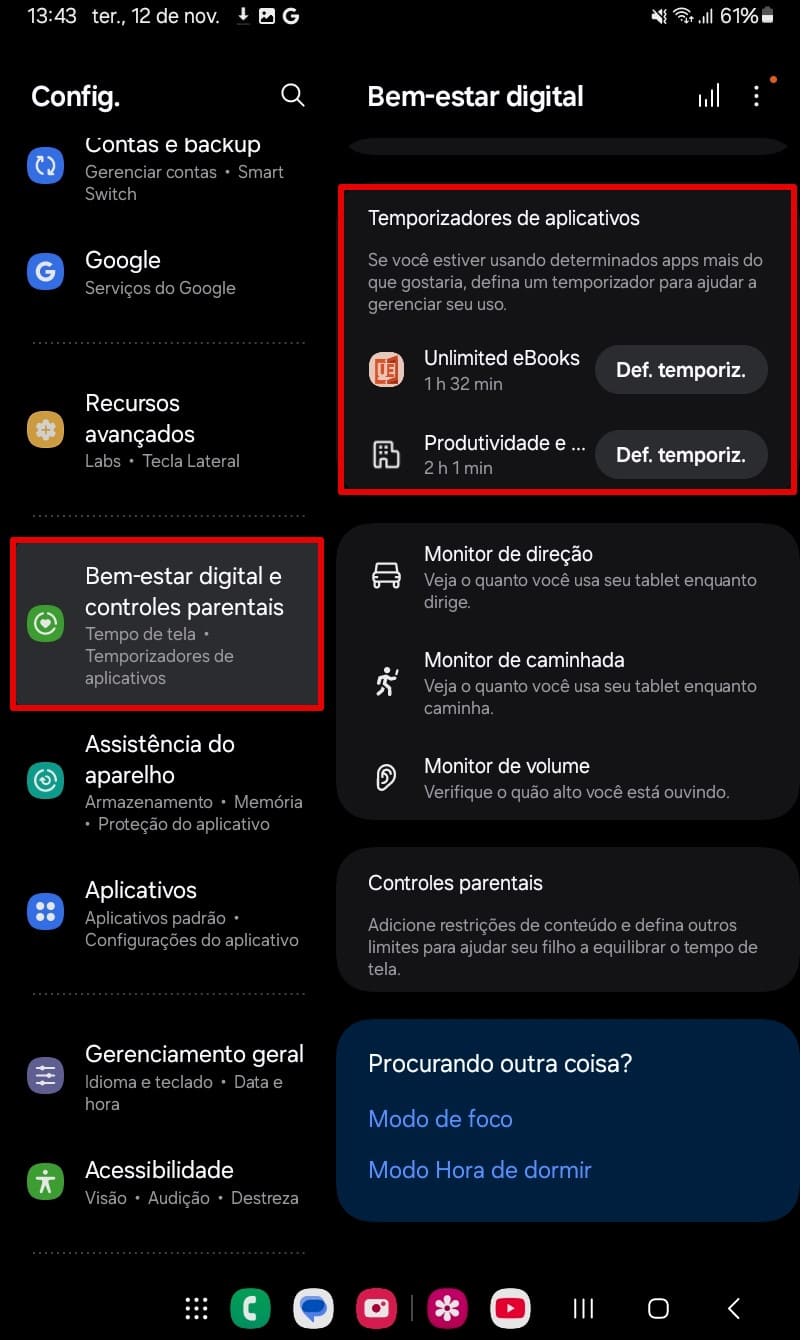 Temporizadores de aplicativos no Galaxy Tab