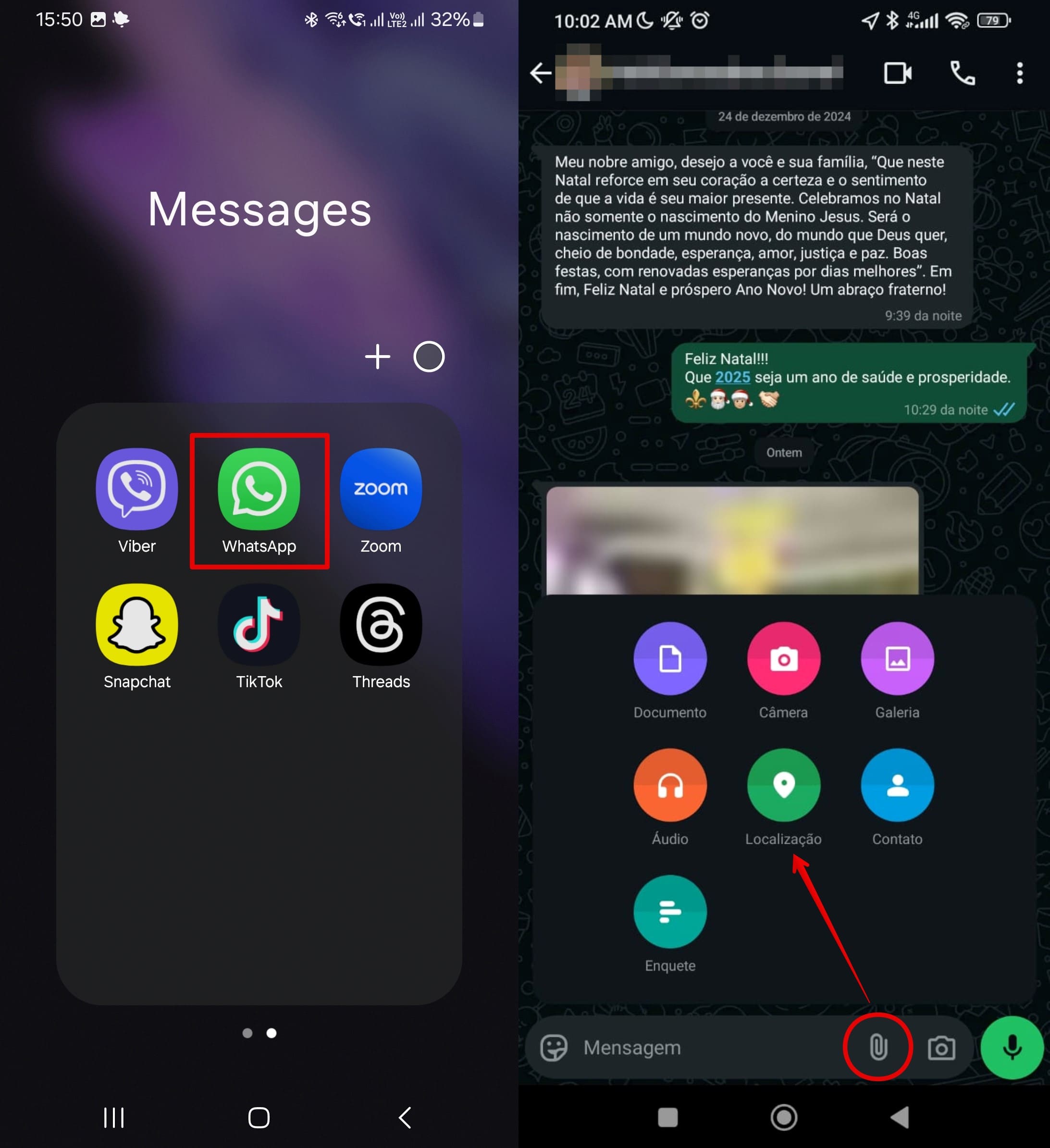 Para compartilhar um local no whatsapp, acesse o aplicativo whatsapp - ao lado do campo de mensagem, clique no ícone do clipe de papel - clique em Local
