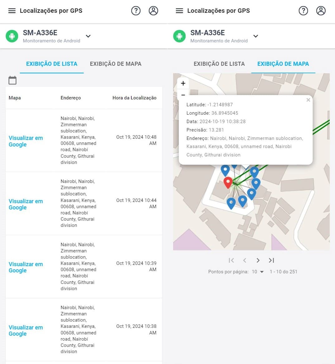 A list of recent visits with coordinates and address, as well as a point on the map