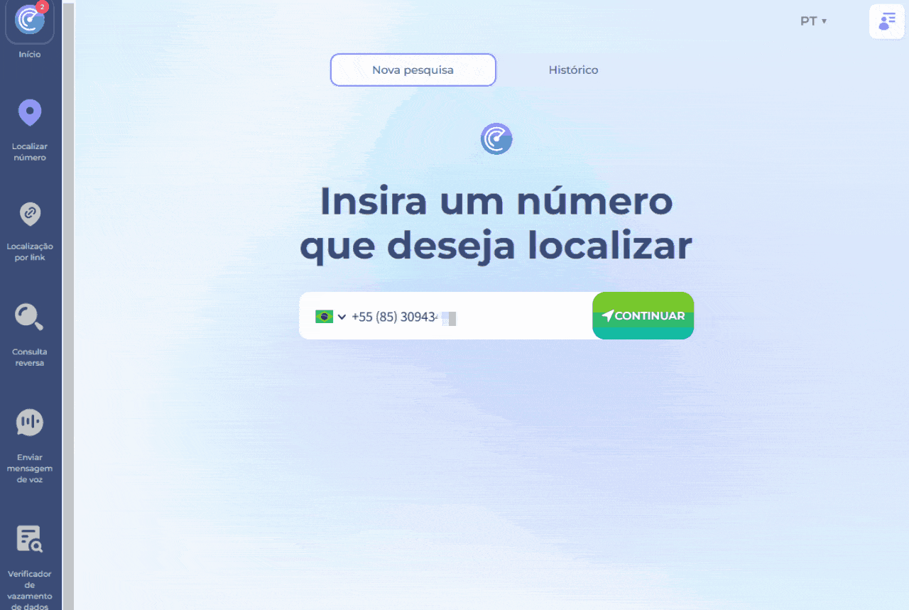 Para usar o recurso de localização por número, digite um número de telefone, selecione uma mensagem ou escreva a sua própria e envie-a. Depois que o destinatário abrir a mensagem, você verá o local no mapa. Demonstração em formato gif.