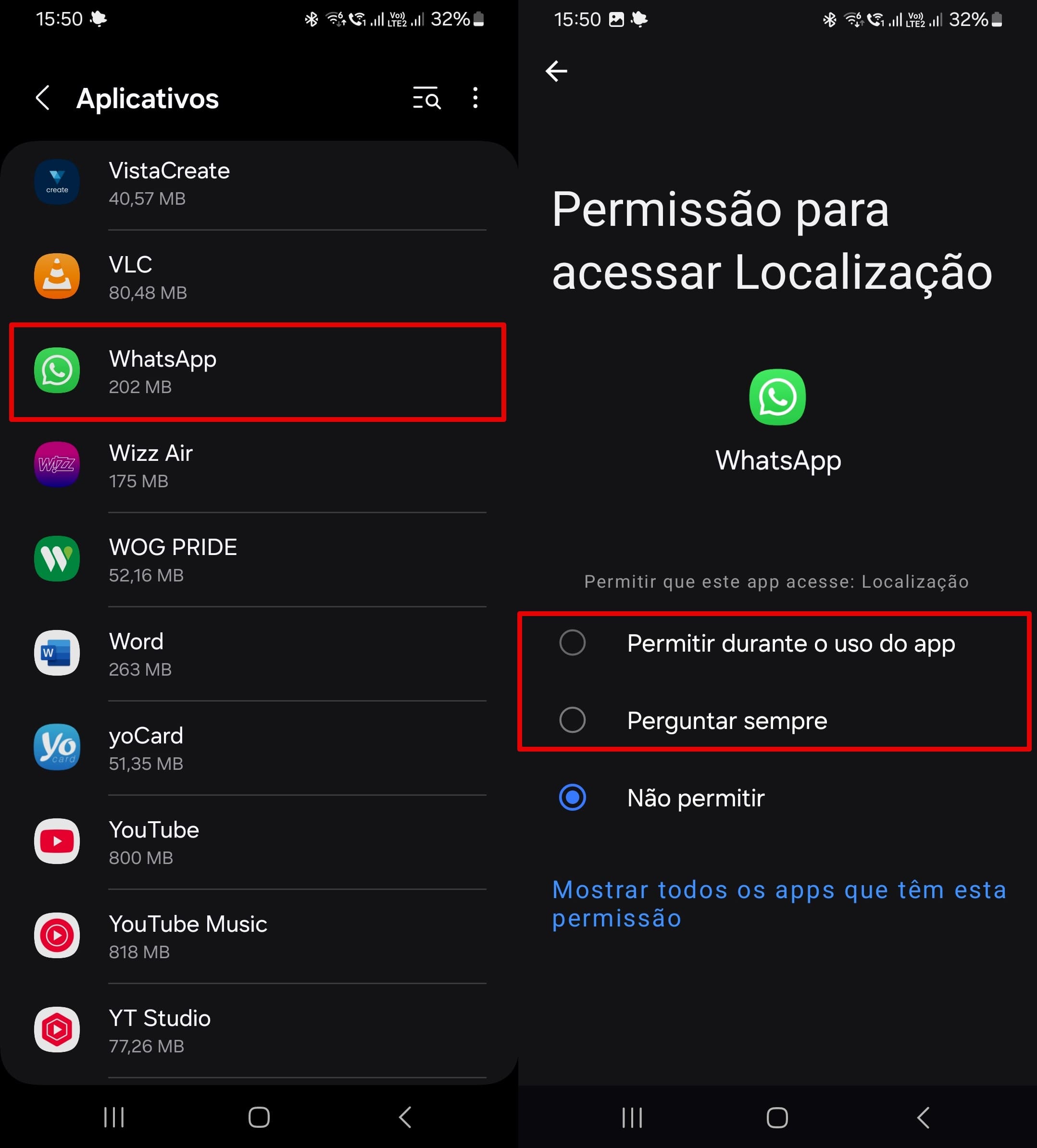 Para permitir o acesso à localização para o WhatsApp, acesse as configurações do telefone - Apps - WhatsApp - Permissões - Permissões de localização - gerenciar permissões