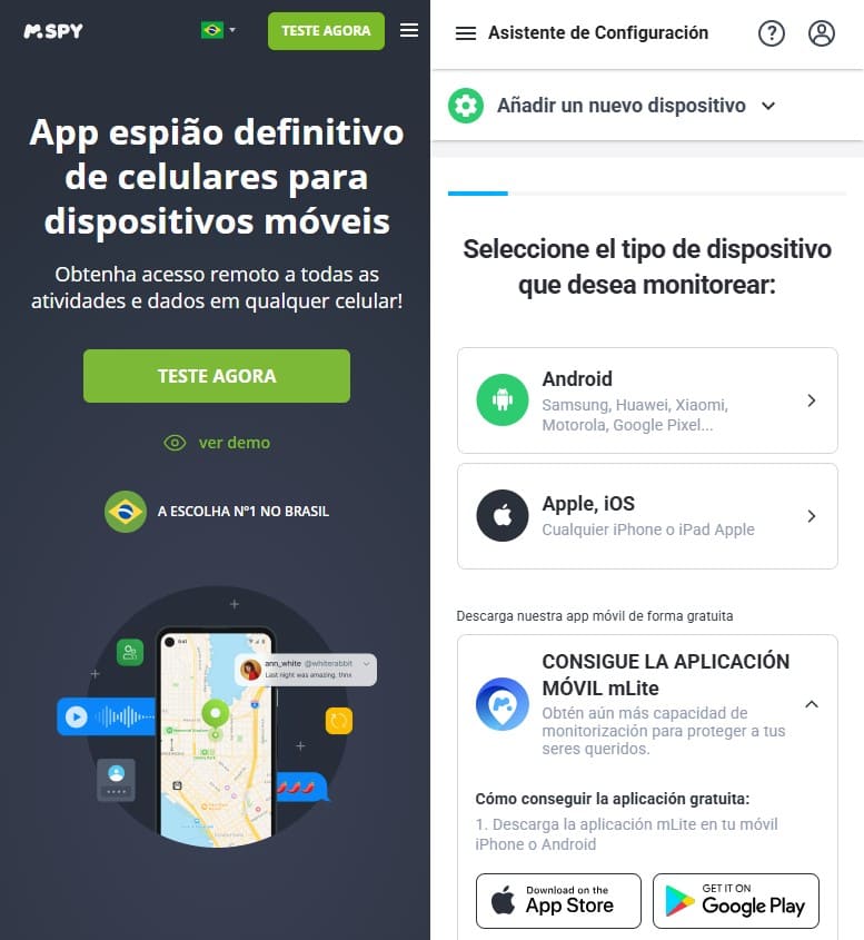 Captura de tela da página inicial do site mSpy e seleção de um telefone de destino (Android ou Apple-ios)