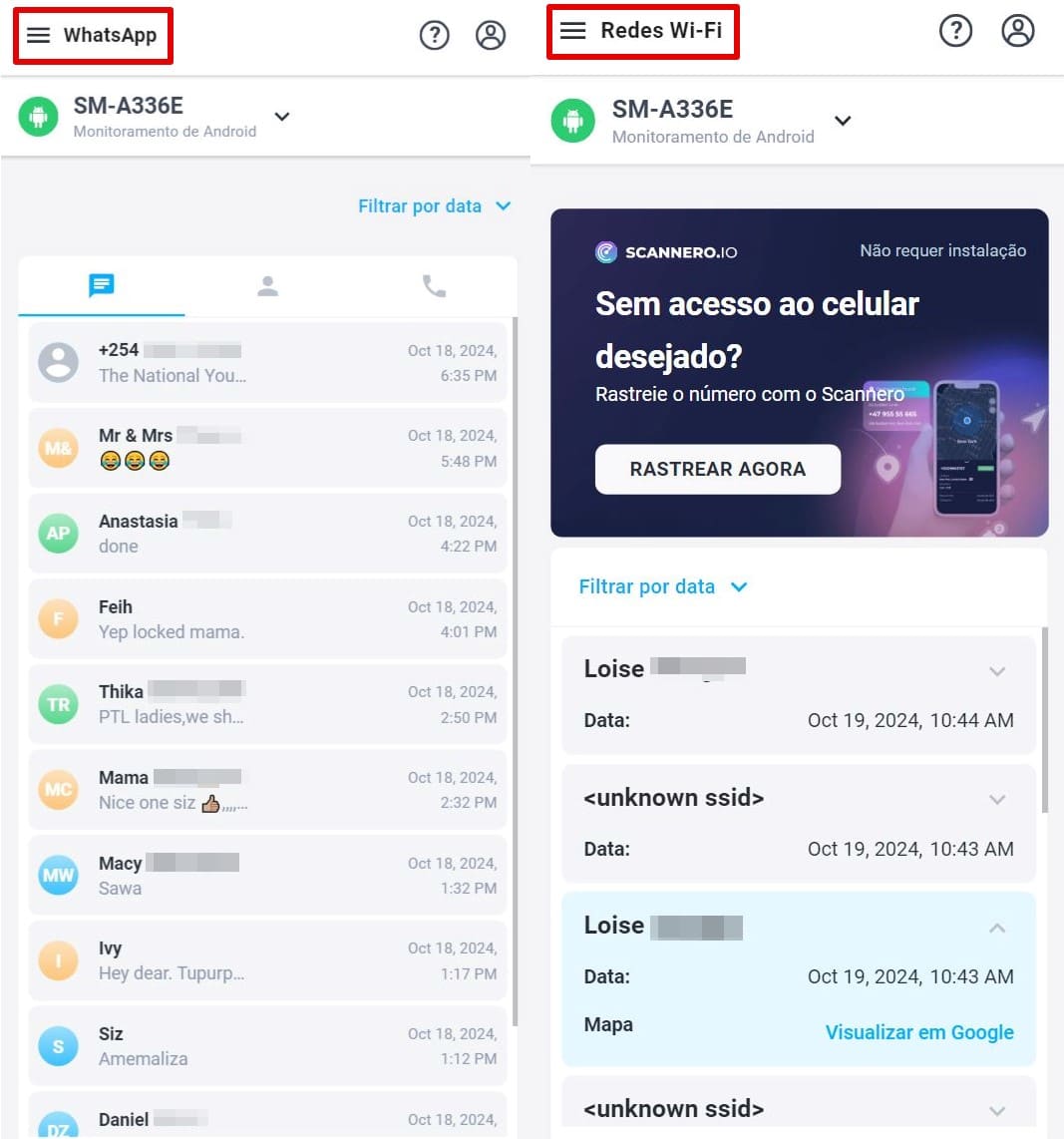 Display all messages on the WhatsApp tab, wi-fi Networks displays a list of wi-fi connections and geolocation