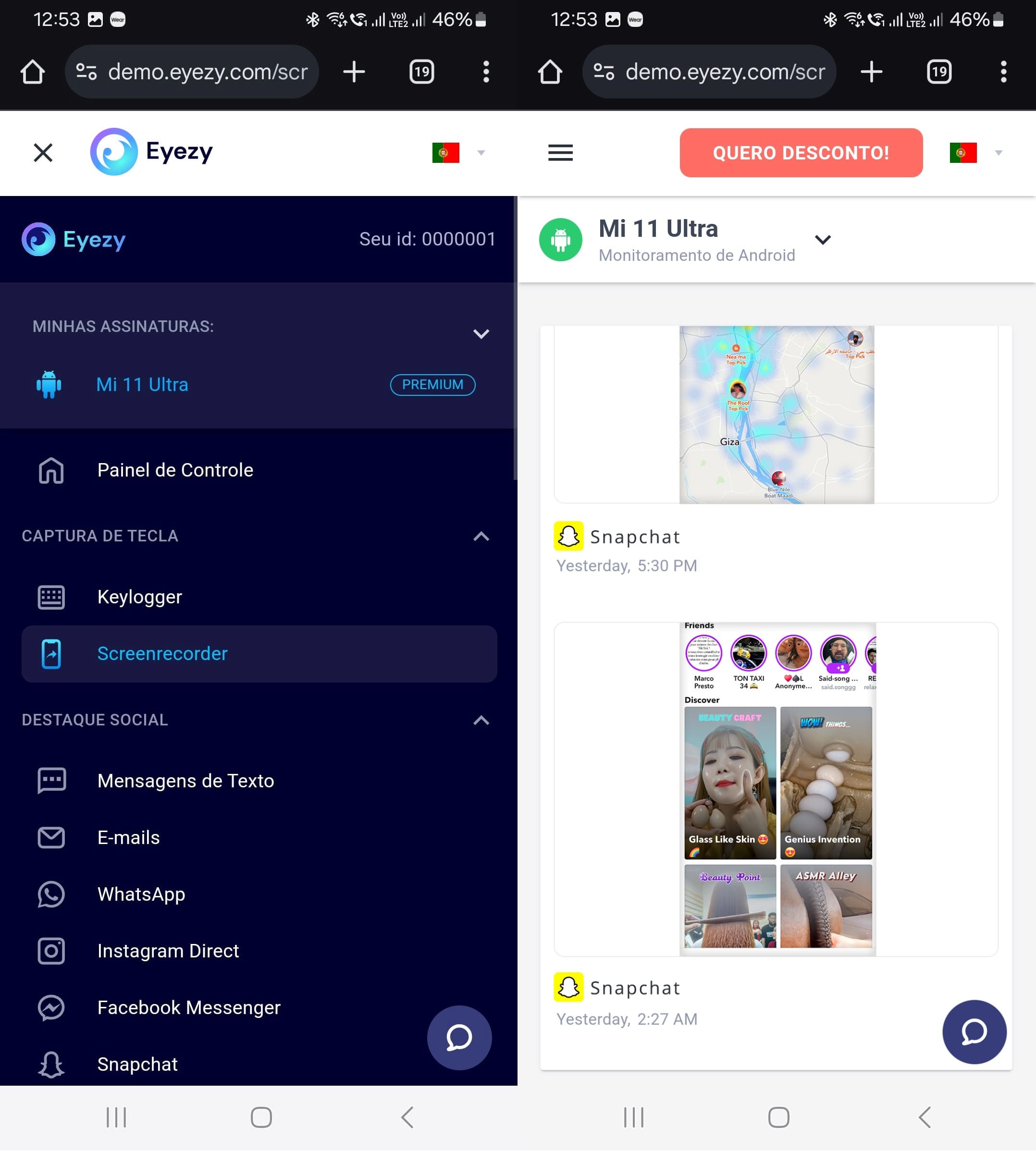 Captura de tela do painel do Eyezy mostrando a atividade do Snapchat, incluindo uma tela gravada com o Snapchat Spotlight e um local do Snap Map