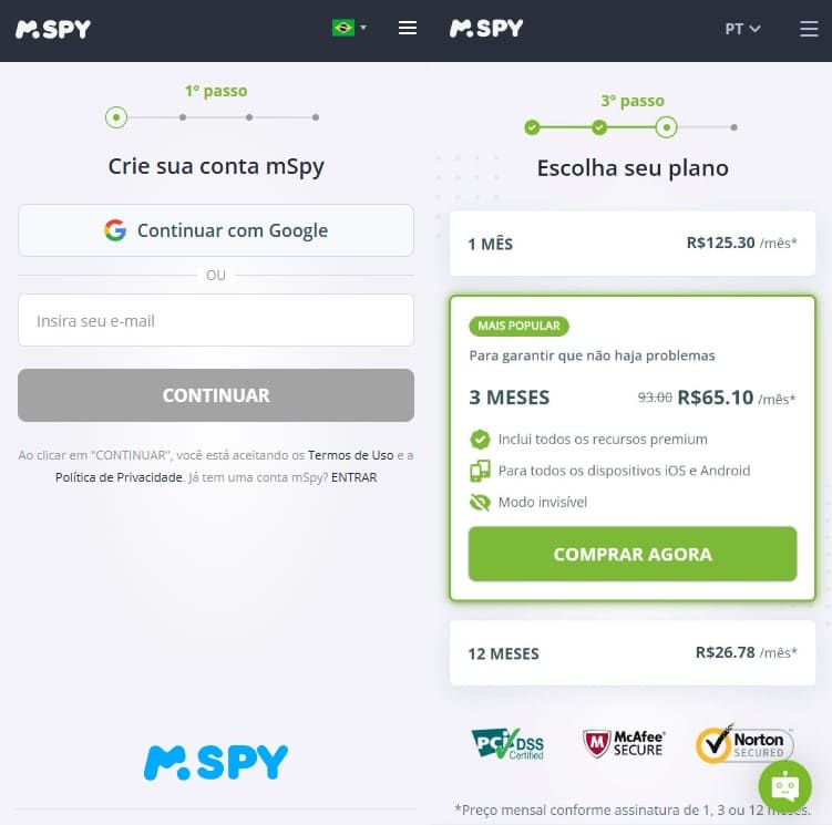 Registre-se inserindo seu e-mail, selecione um plano e comece a usá-lo