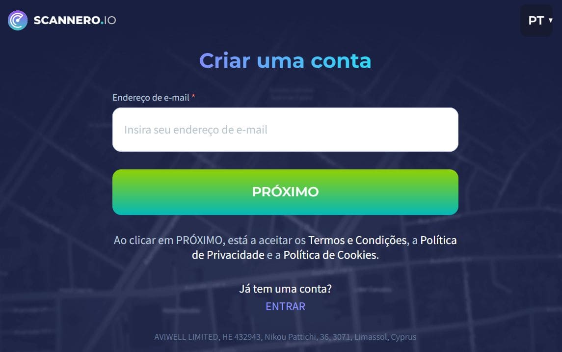 Para se registrar, digite seu e-mail e clique em continuar