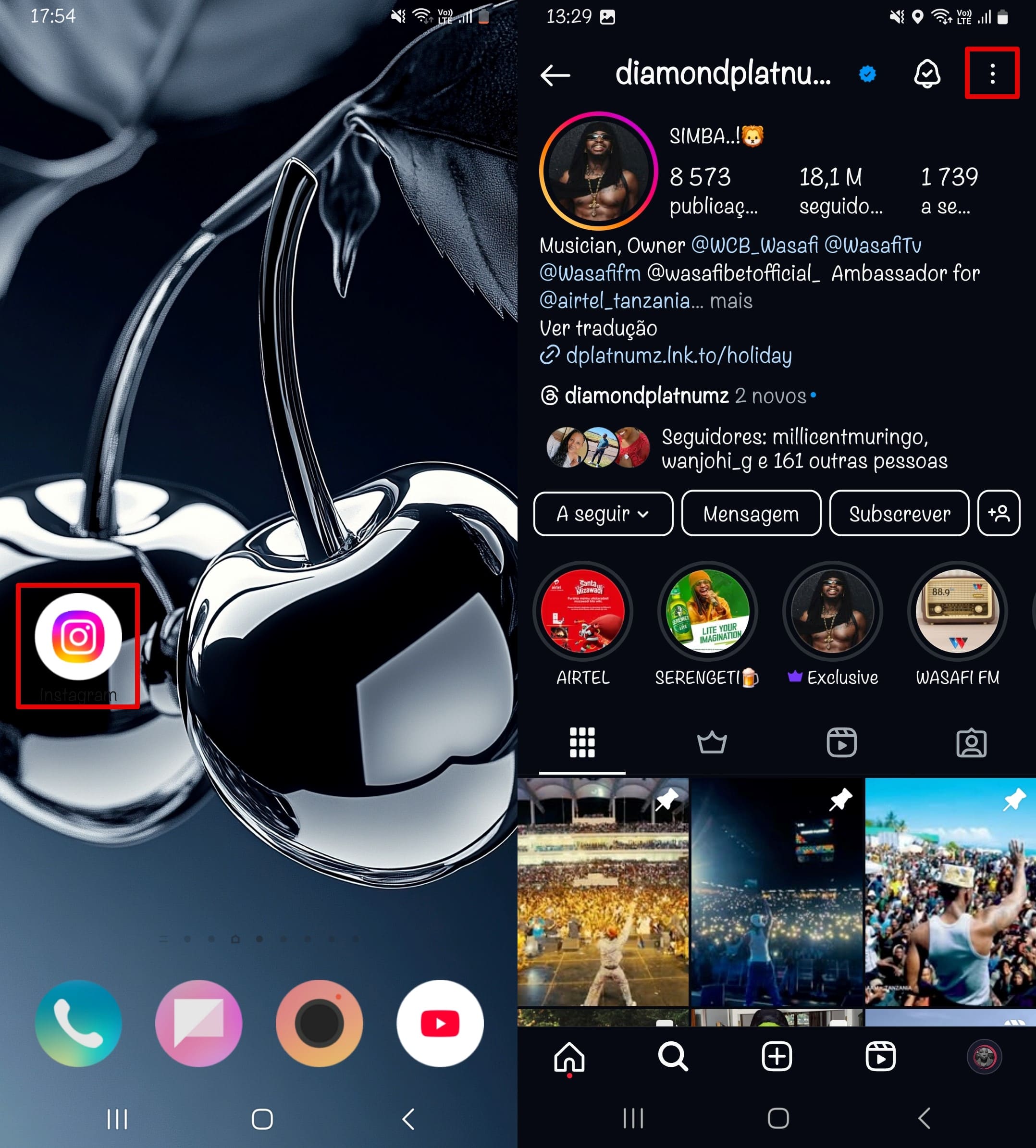 clique no ícone do Instagram para abrir o app e pesquise por um perfil digitando o nome de usuário na lupa
