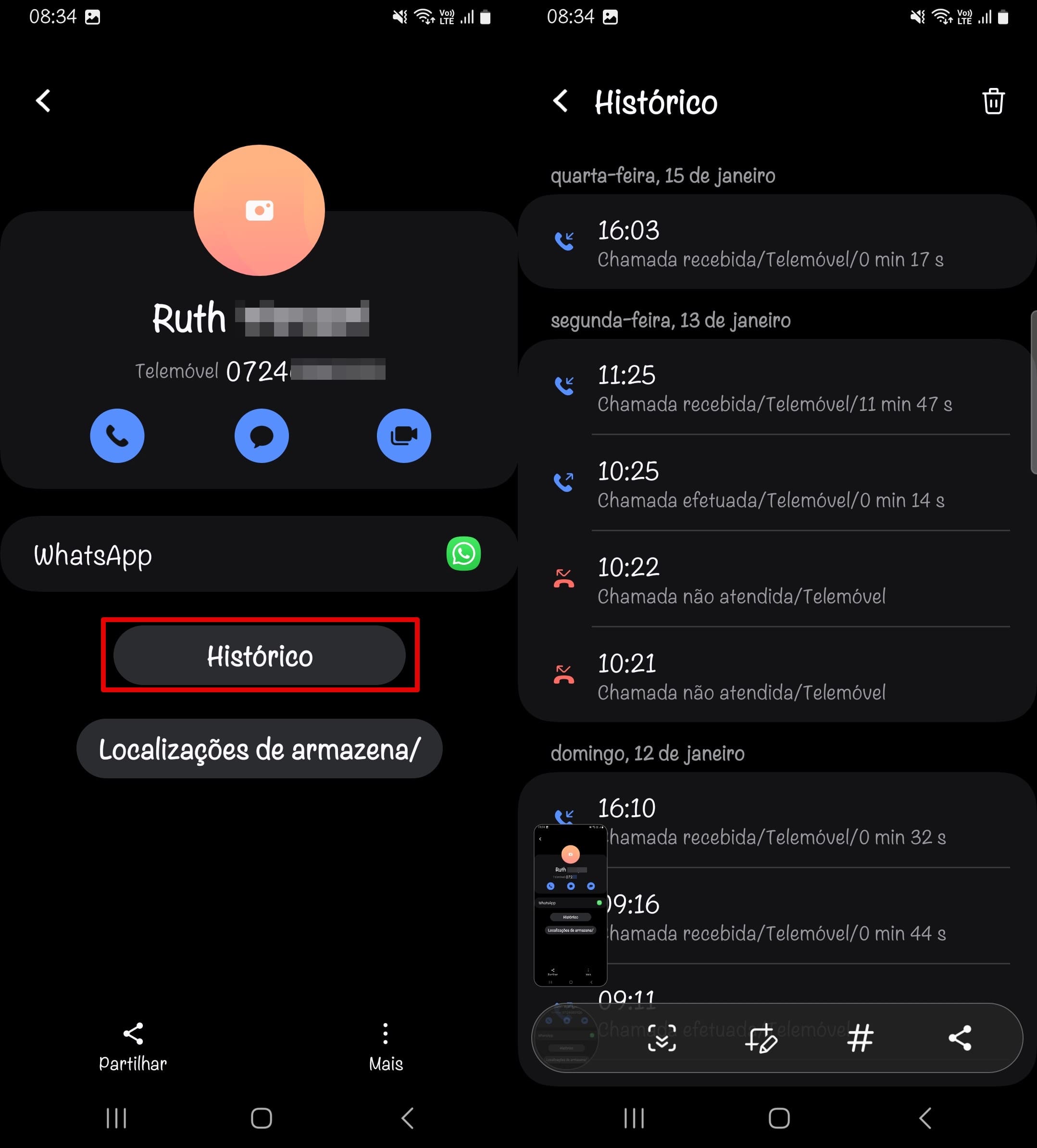 Acessando o histórico de chamadas de um número específico no aplicativo de telefone Android
