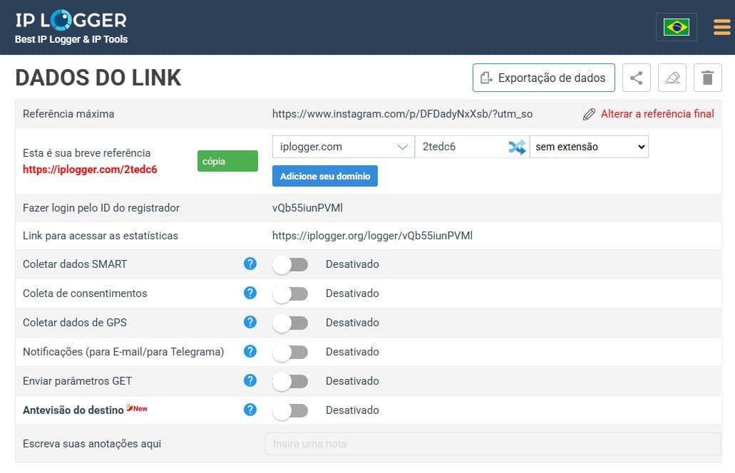 Aqui você pode ver um link curto que foi criado no site do IPlogger que você pode enviar para a pessoa-alvo.
