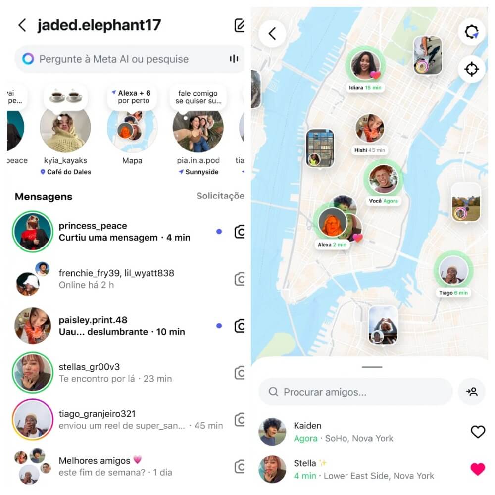 O ícone do mapa fica visível na parte superior das conversas do Instagram, na caixa de entrada de mensagens diretas, e abre uma segunda janela mostrando a localização dos seguidores em comum.