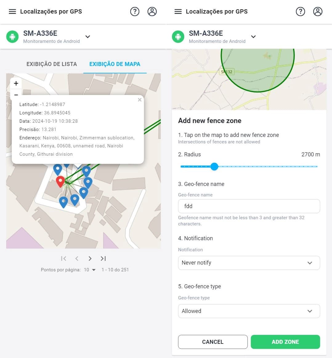 Captura de tela do mSpy para monitoramento de localização GPS com delimitação geográfica no dispositivo Android