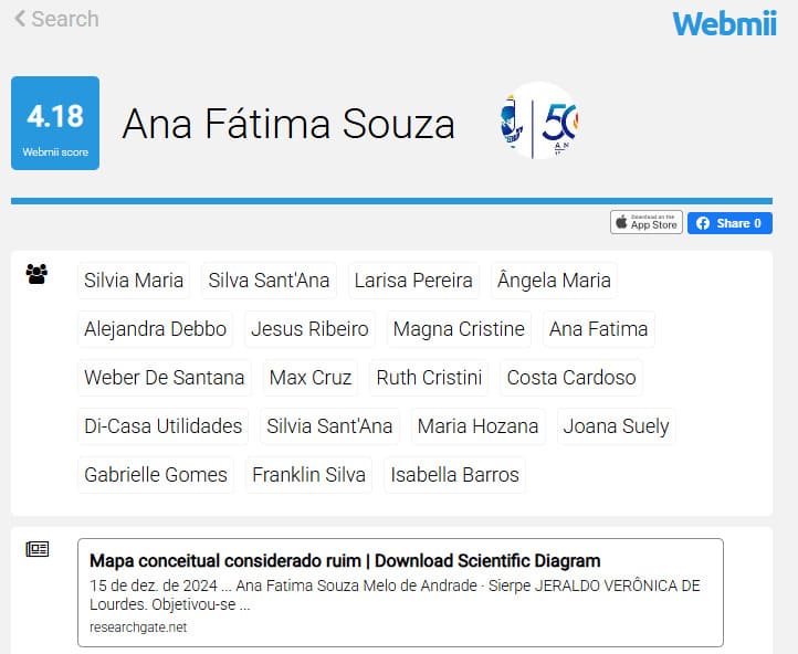 O mecanismo de busca de pessoas Webmii mostra resultados com links para Linkedin, Instagram e outras plataformas de pessoas associadas.