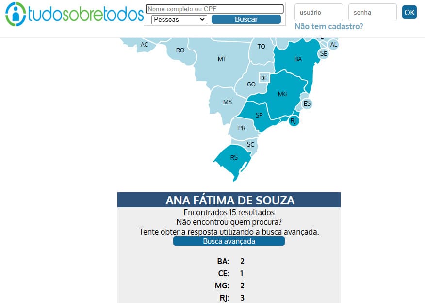resultados de pesquisa de localização de pessoa no website tudo sobre todos.