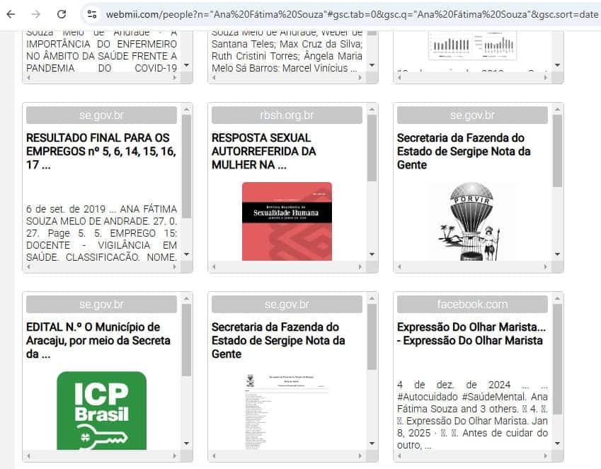 O mecanismo de busca de pessoas Webmii mostra resultados com links para outras plataformas de mídia social.