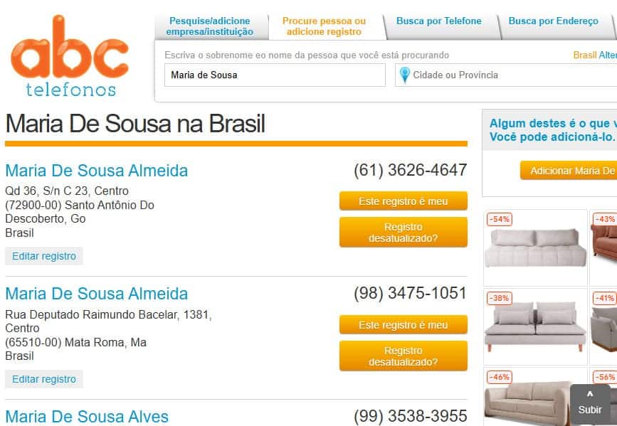 O AbcTelefonos mostra resultados de nomes.