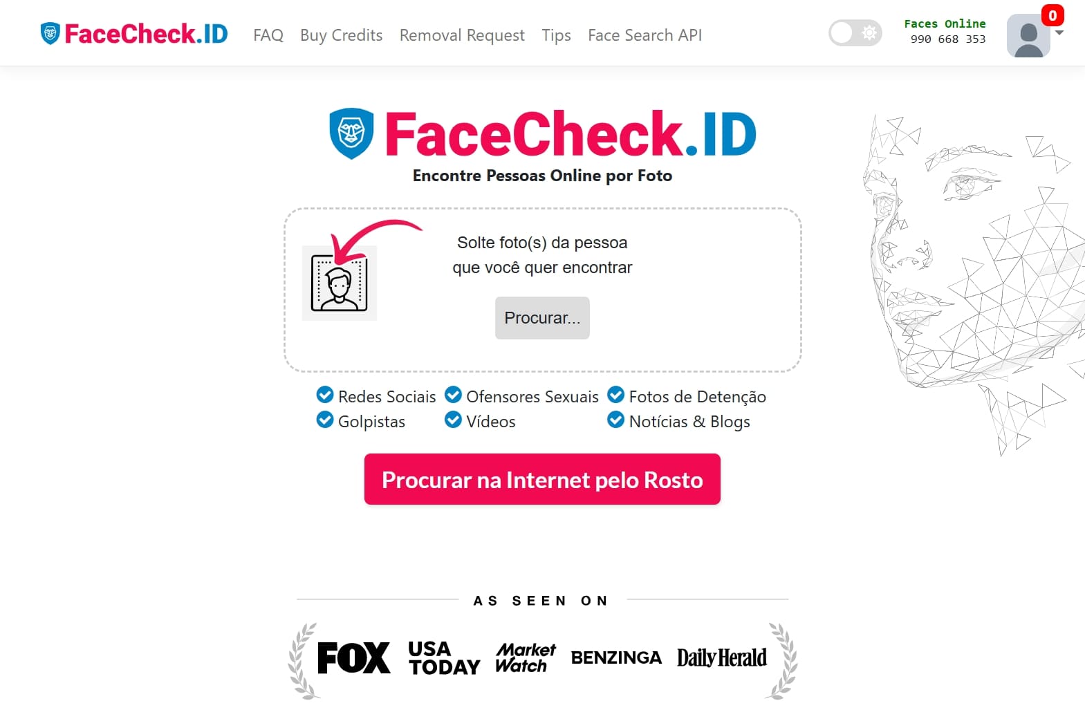 Campo para carregar fotos no site Facecheck.ID.
