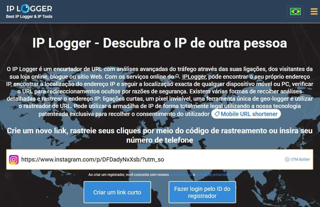 Criando um link de rastreamento de localização com o IPlogger, insira o link e clique em criar link curto.