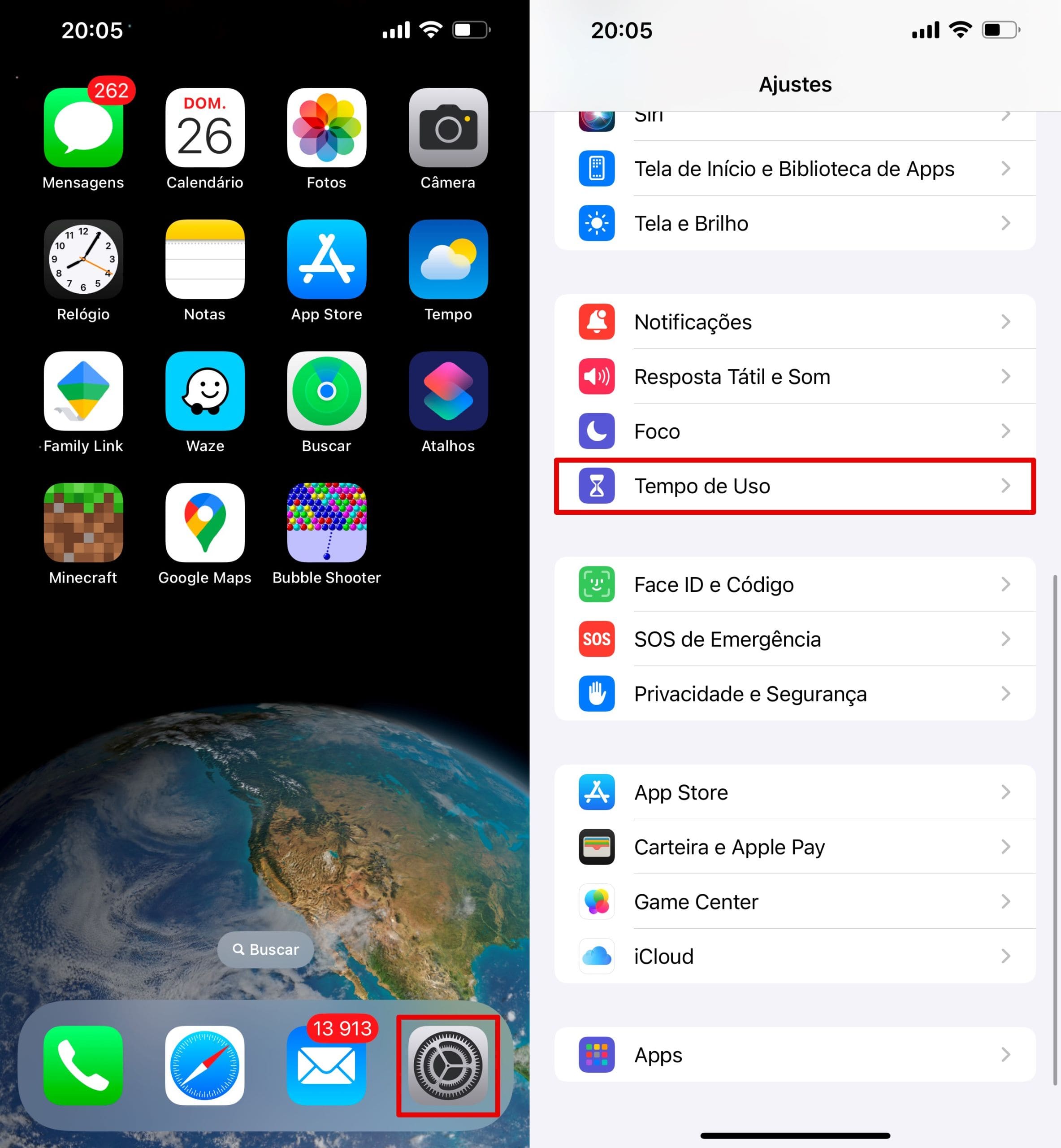 Vá para as configurações do iPhone e toque em Tempo de tela.
