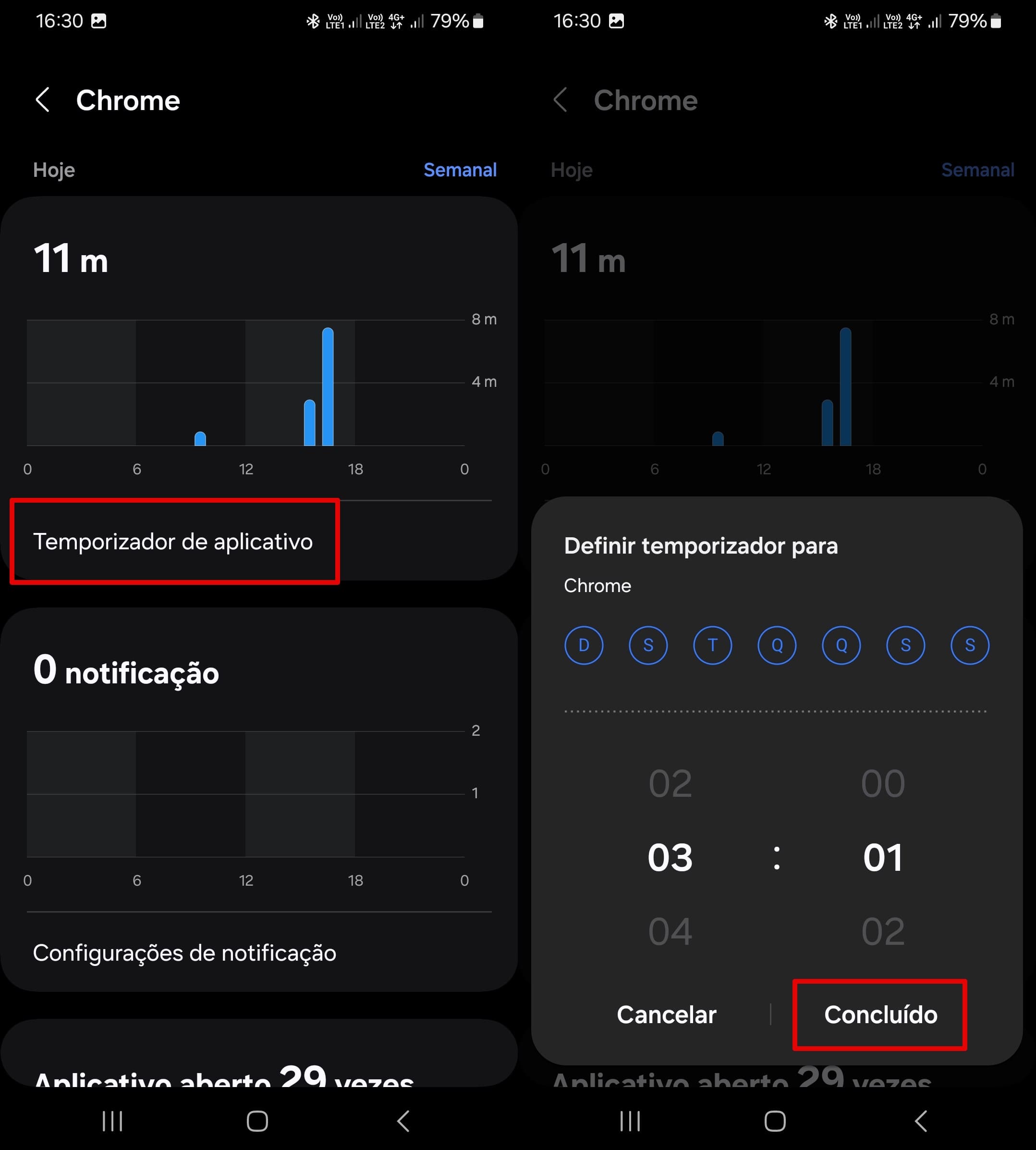 toque no temporizador do aplicativo e insira o tempo e clique em Concluído.