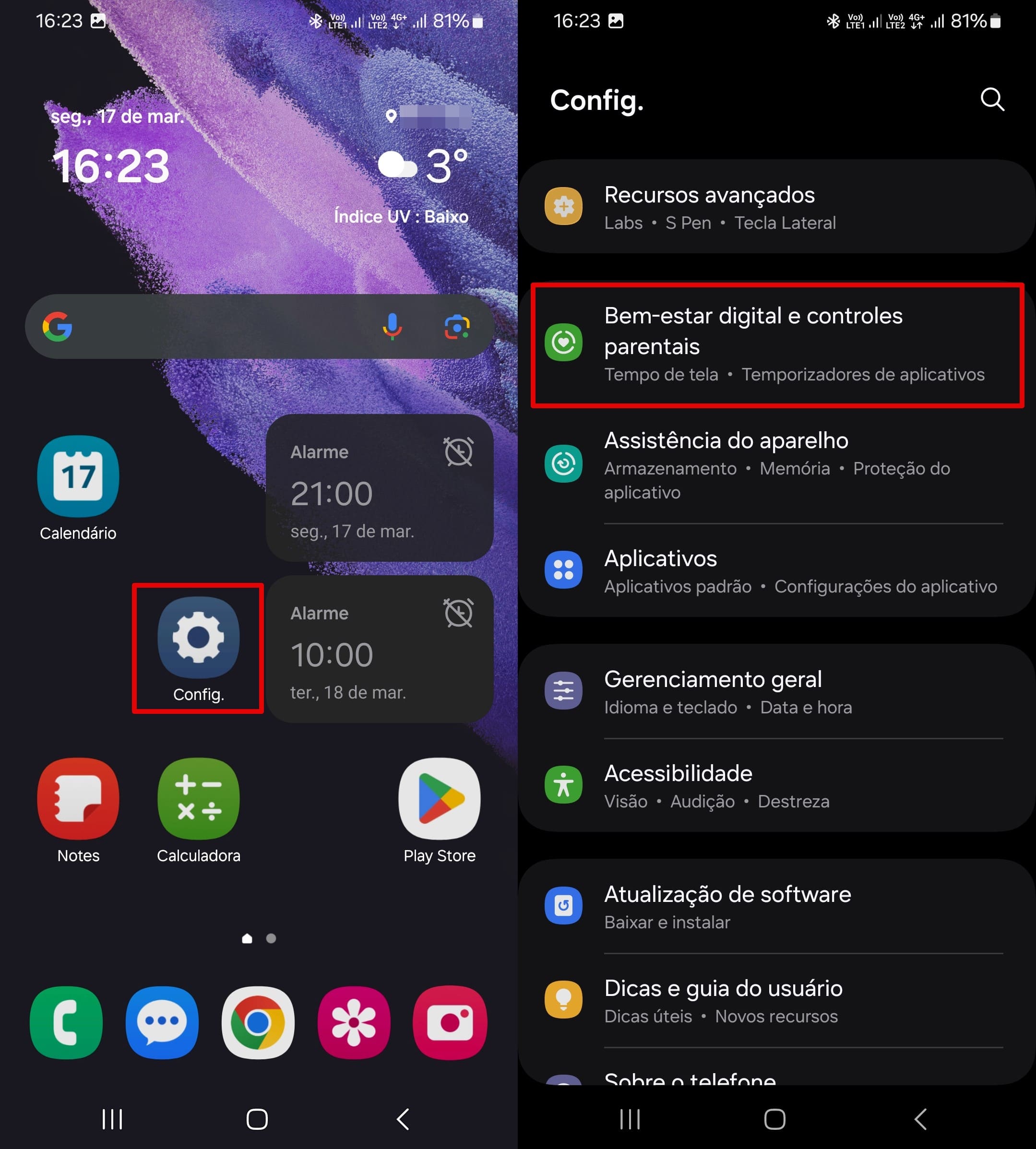 Abra as Configurações - Bem-estar digital e controles parentais.