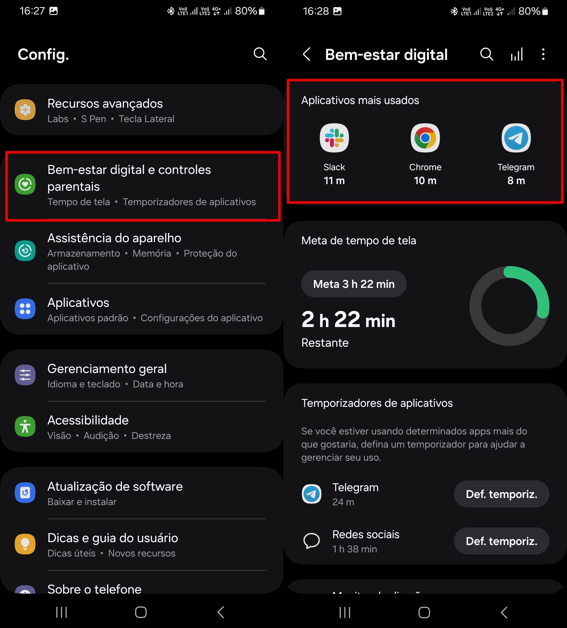  Ir para a seção de bem-estar digital - Seção de aplicativos mais usados.