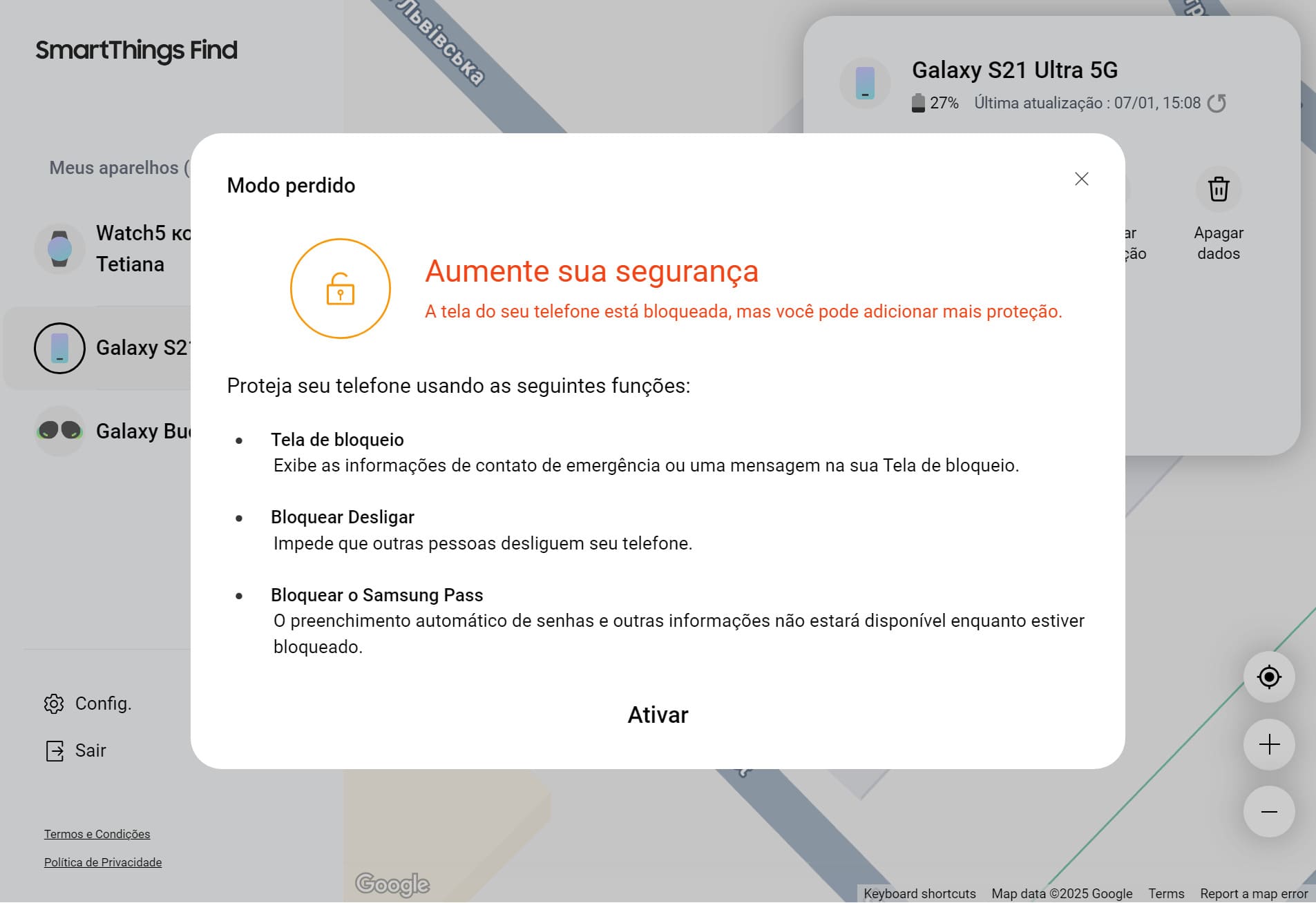 Tela do Modo Perdido com opções para bloquear a tela, impedir o desligamento e proteger o Samsung Pass.