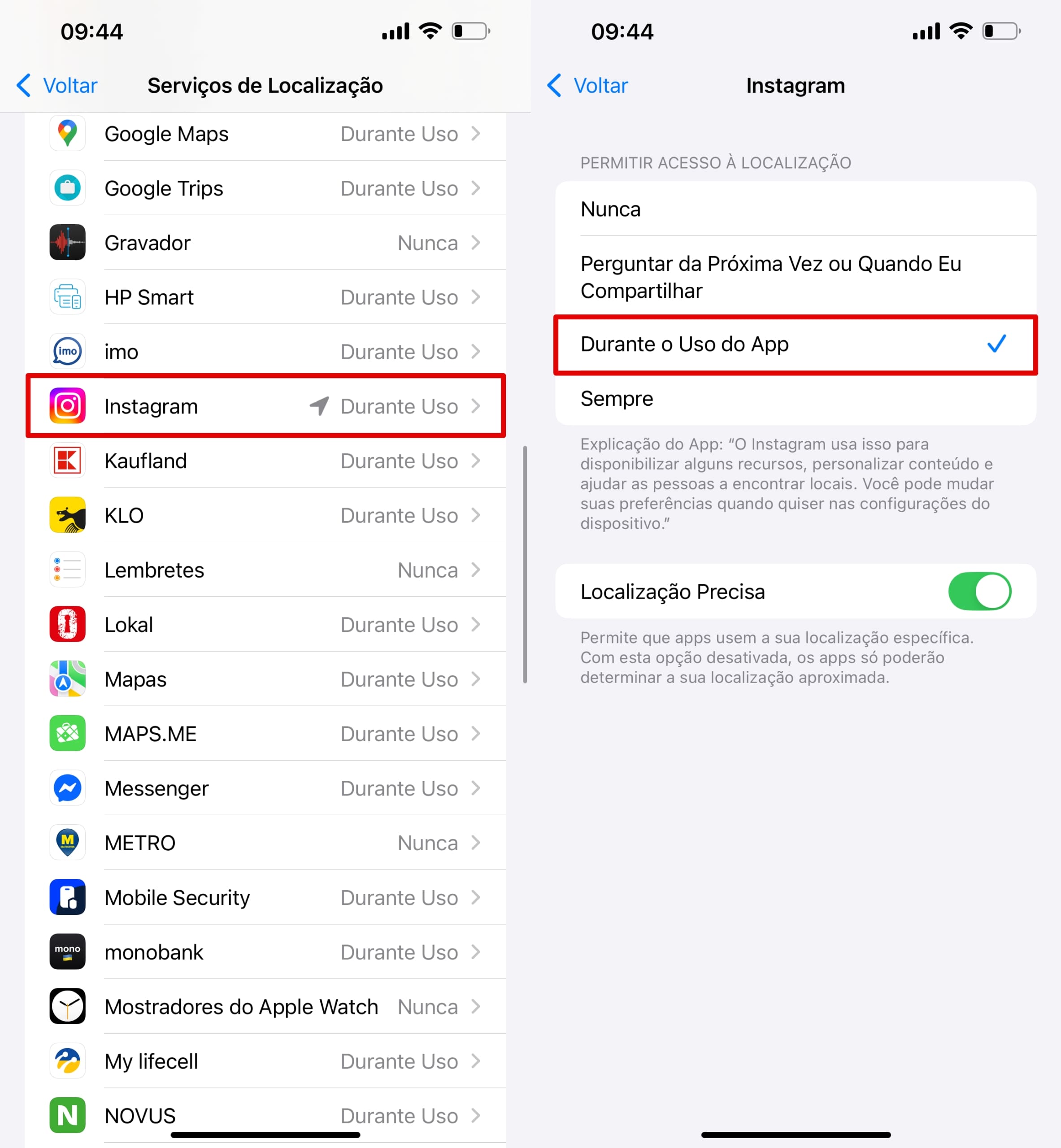 Clique em Instagram e escolha "Durante o Uso do App".