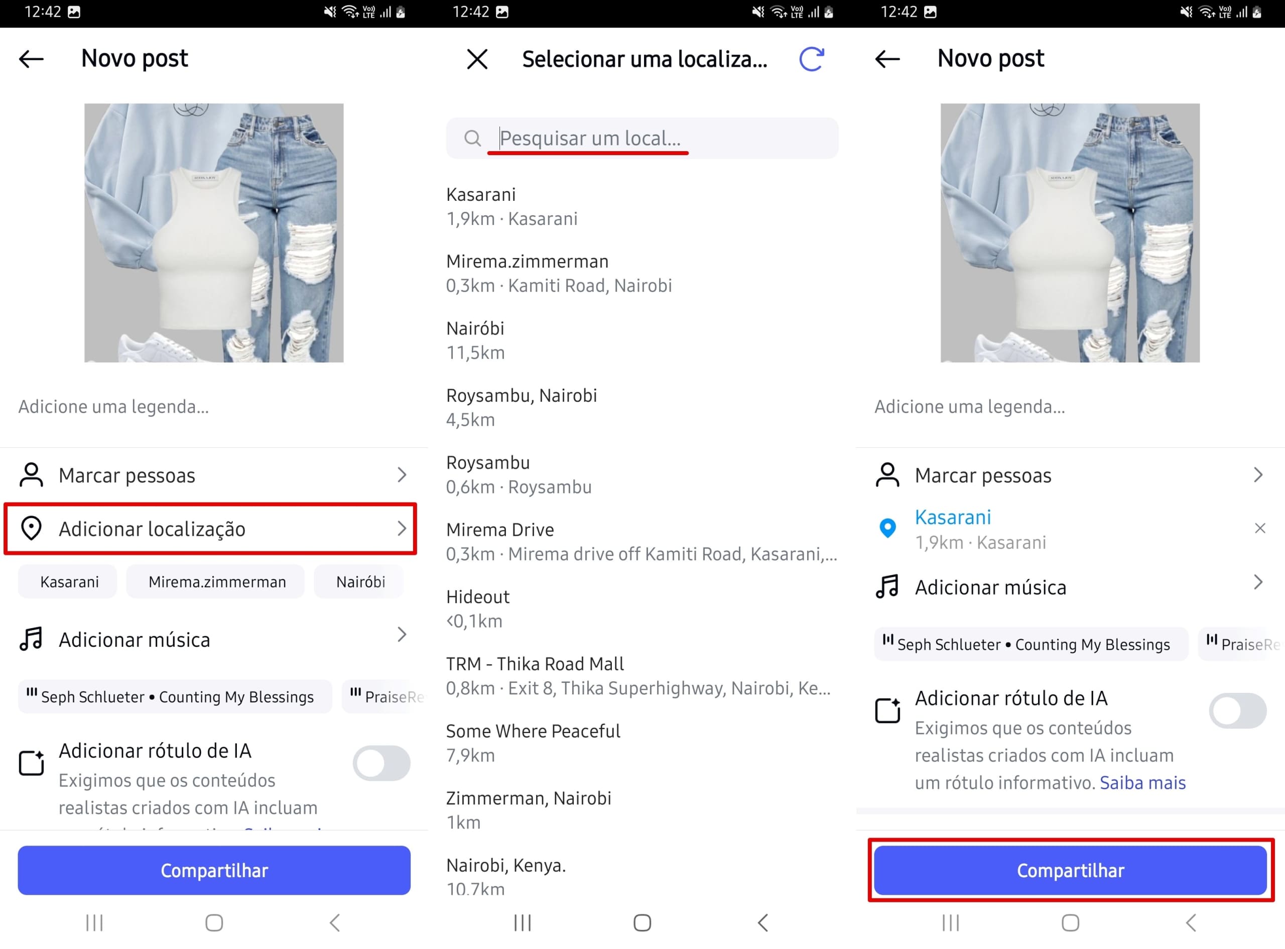 Escolha Adicionar localização, selecione uma localização e clique em Compartilhar.