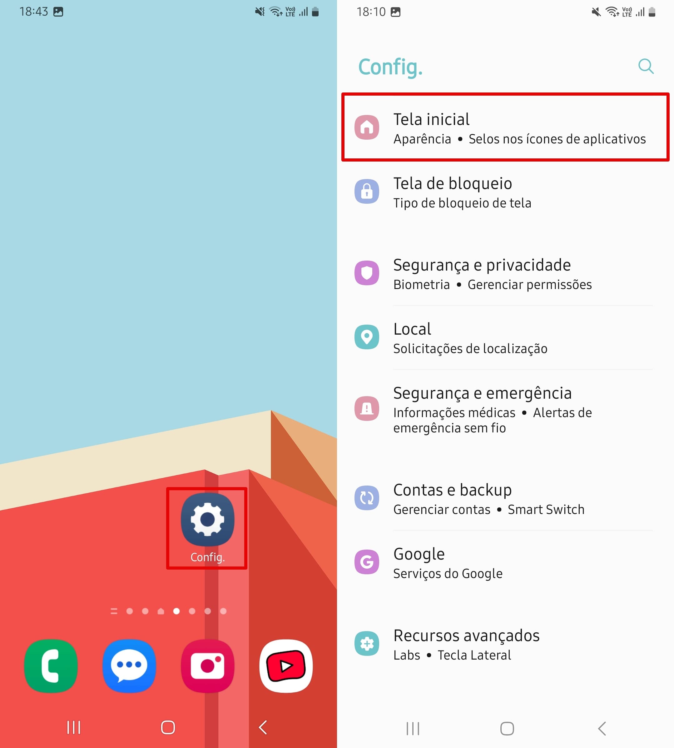 Clique em Tela Inicial nas configurações.