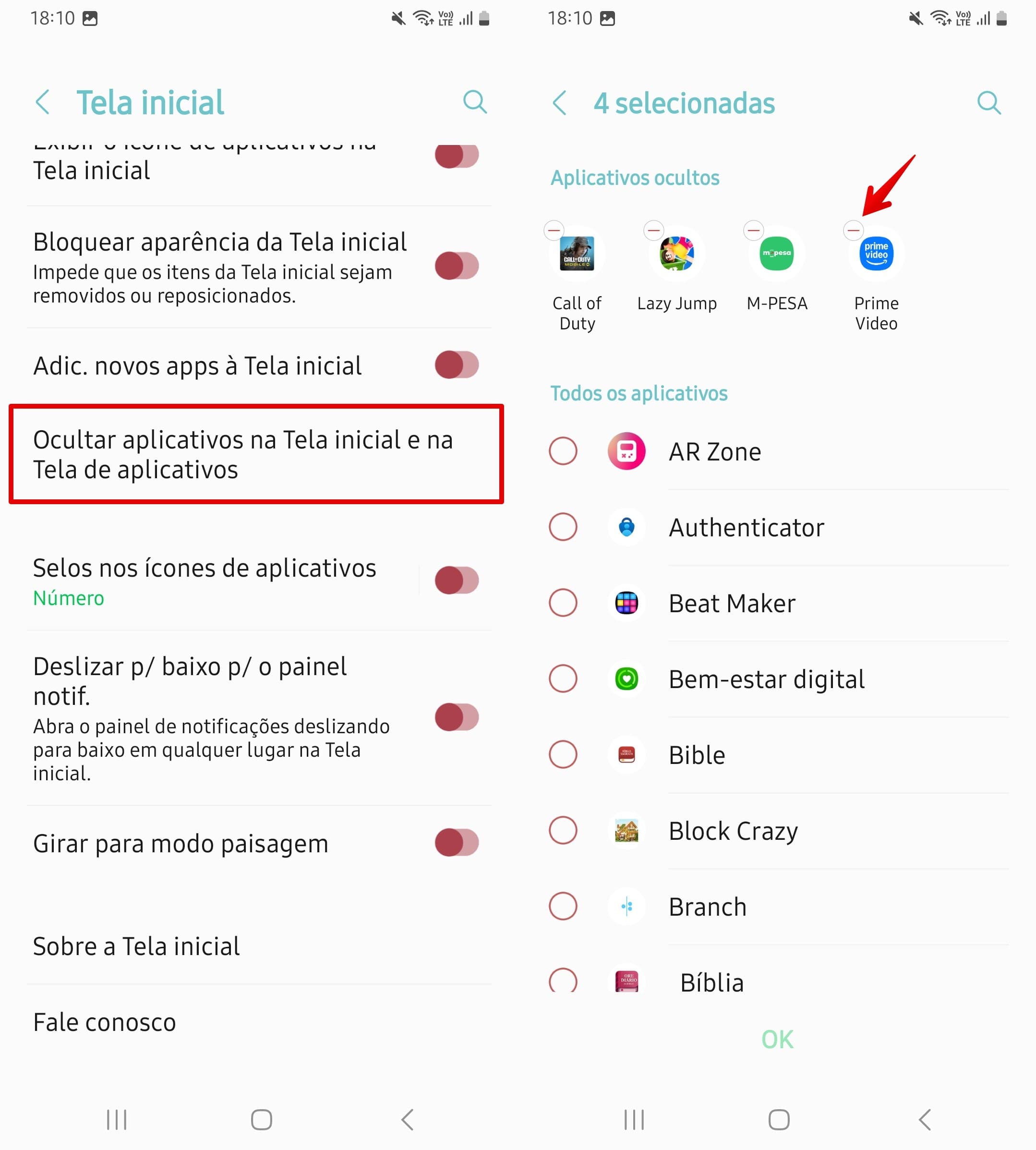 Clique em Tela Inicial nas configurações e em Ocultar aplicativos na Tela Inicial e na Tela de Aplicativos para ver os aplicativos ocultos no Samsung.