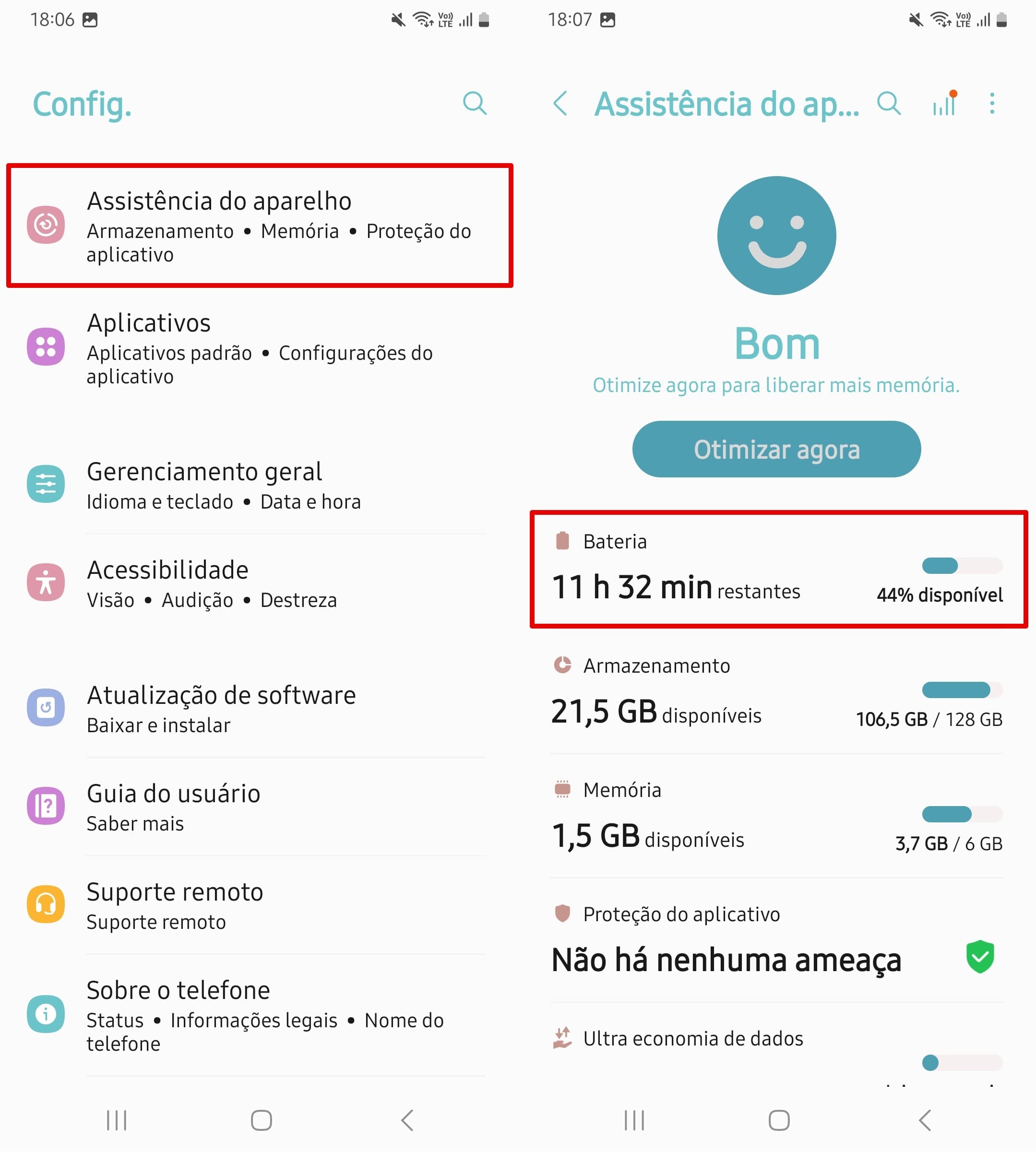 Abra as configurações de Assistência do Aparelho para acessar o uso da bateria.