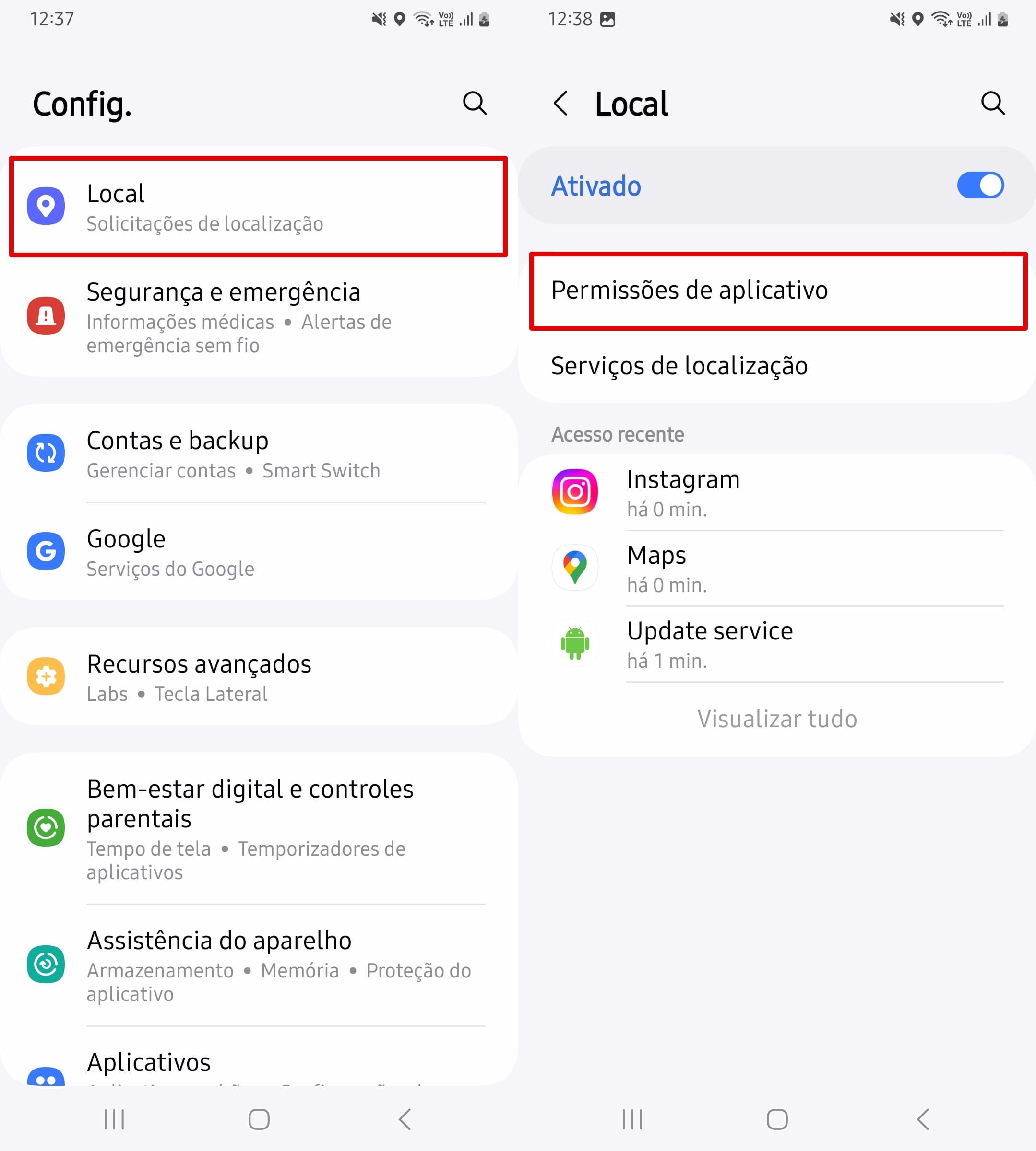 Abra o Local e clique em Permissões de Aplicativo.