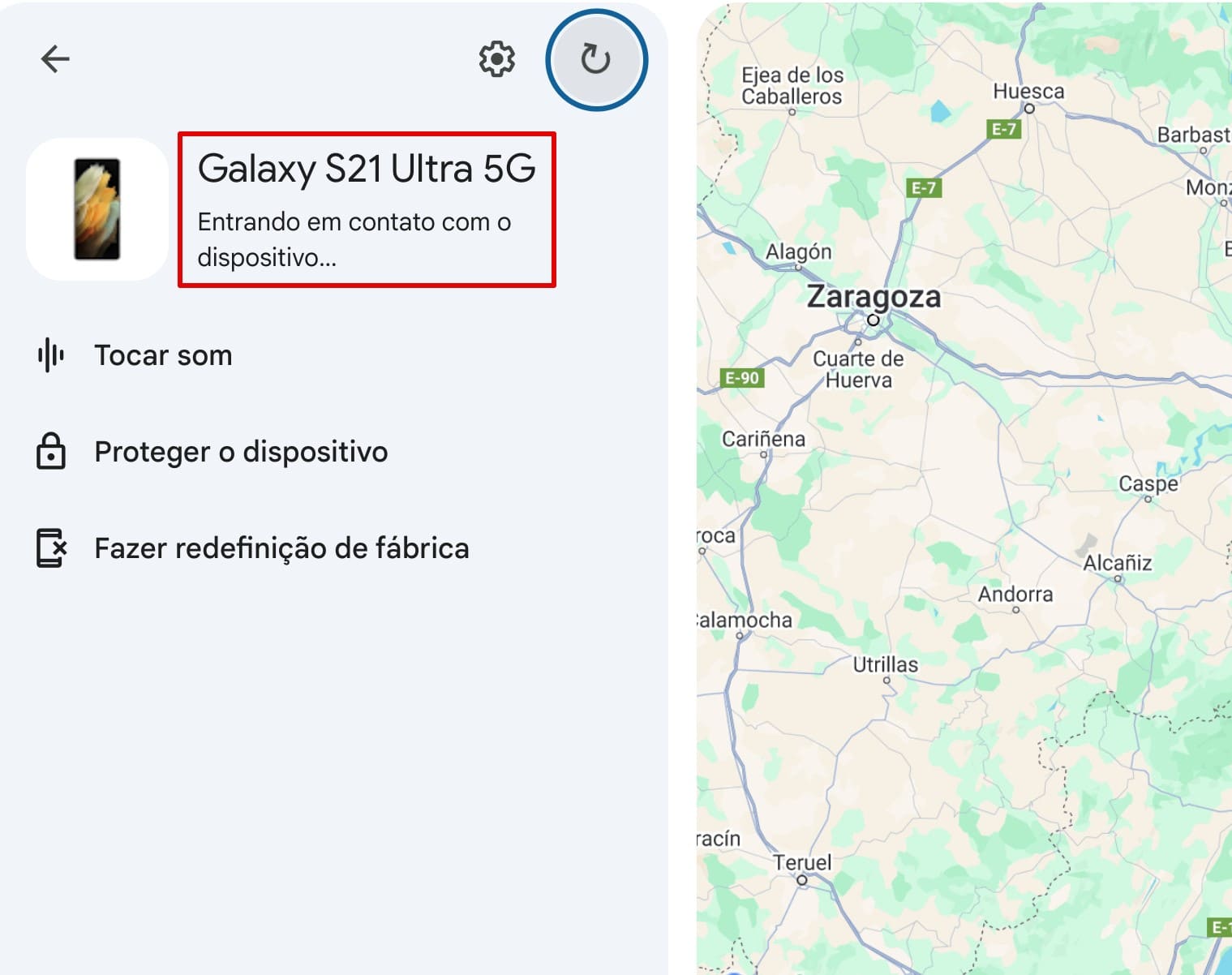 Encontre Meu Dispositivo mostrando que está entrando em contato com o dispositivo quando o Wi-Fi está desligado.