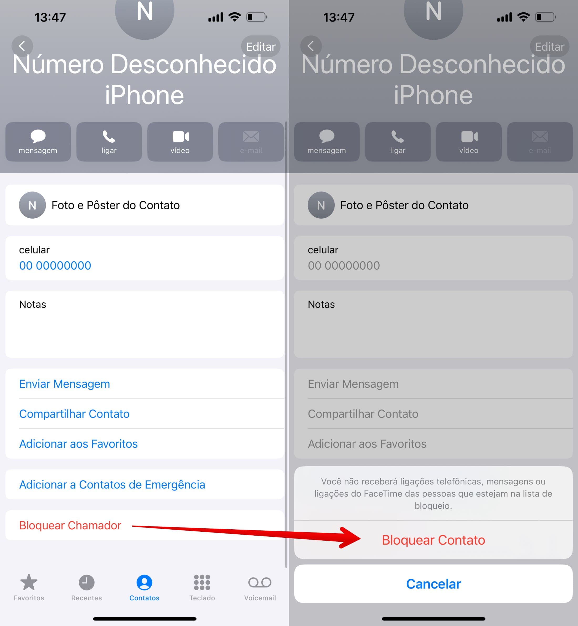 Abra os detalhes do contato e selecione a opção Bloquear Chamador, depois toque em Bloquear Contato.