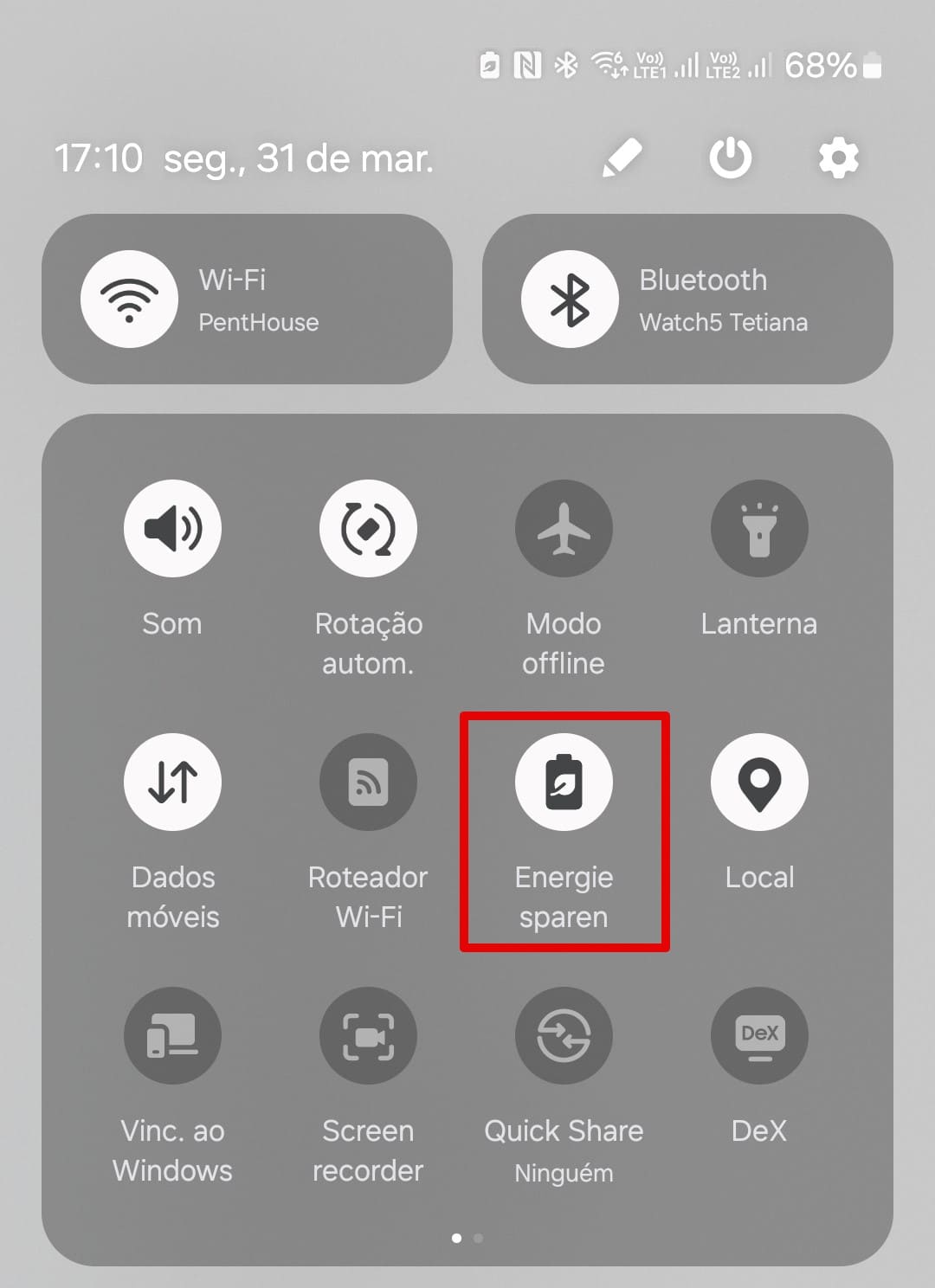 O modo de economia de energia está ativado no celular.