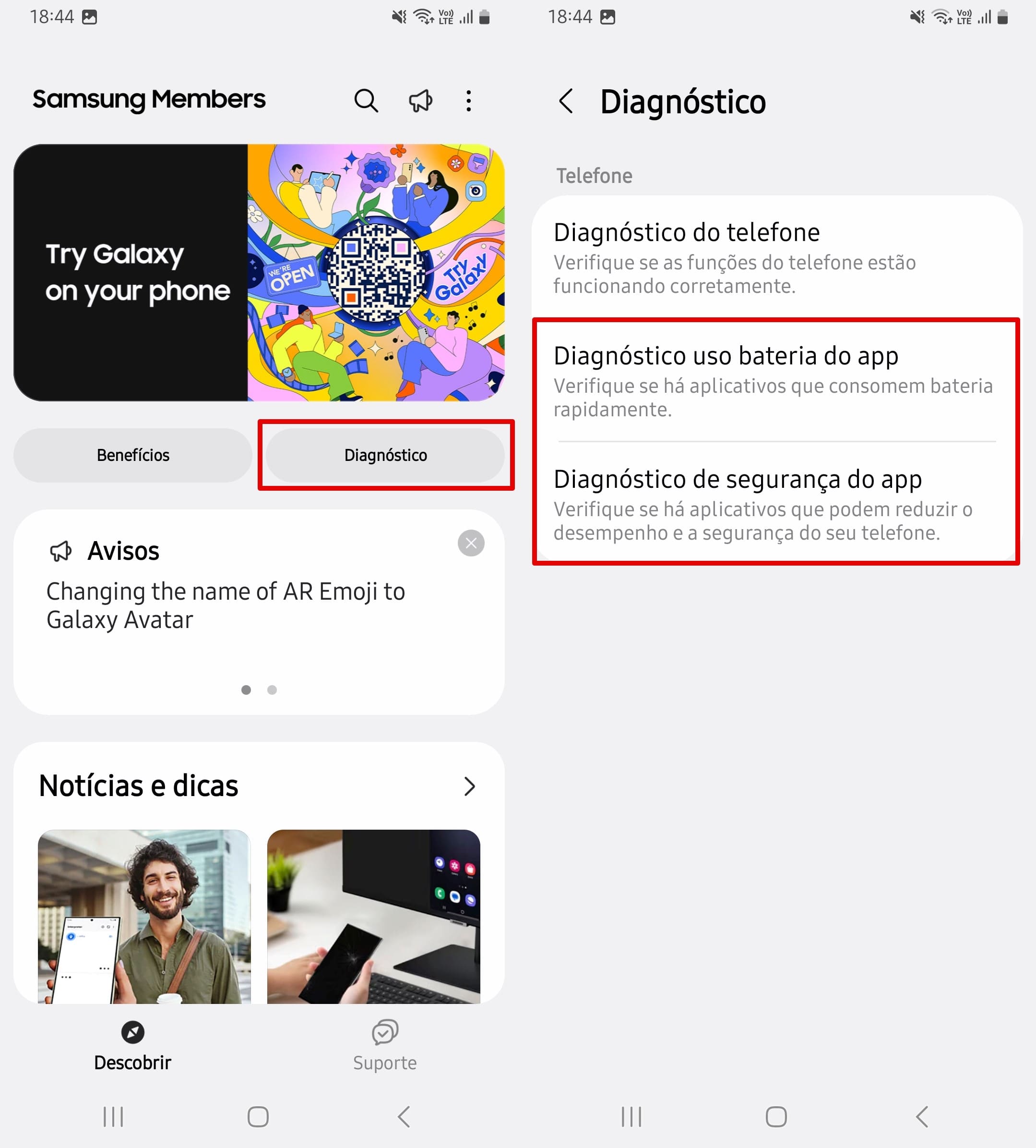 Aplicativo Samsung Members com recursos de Diagnóstico abertos.