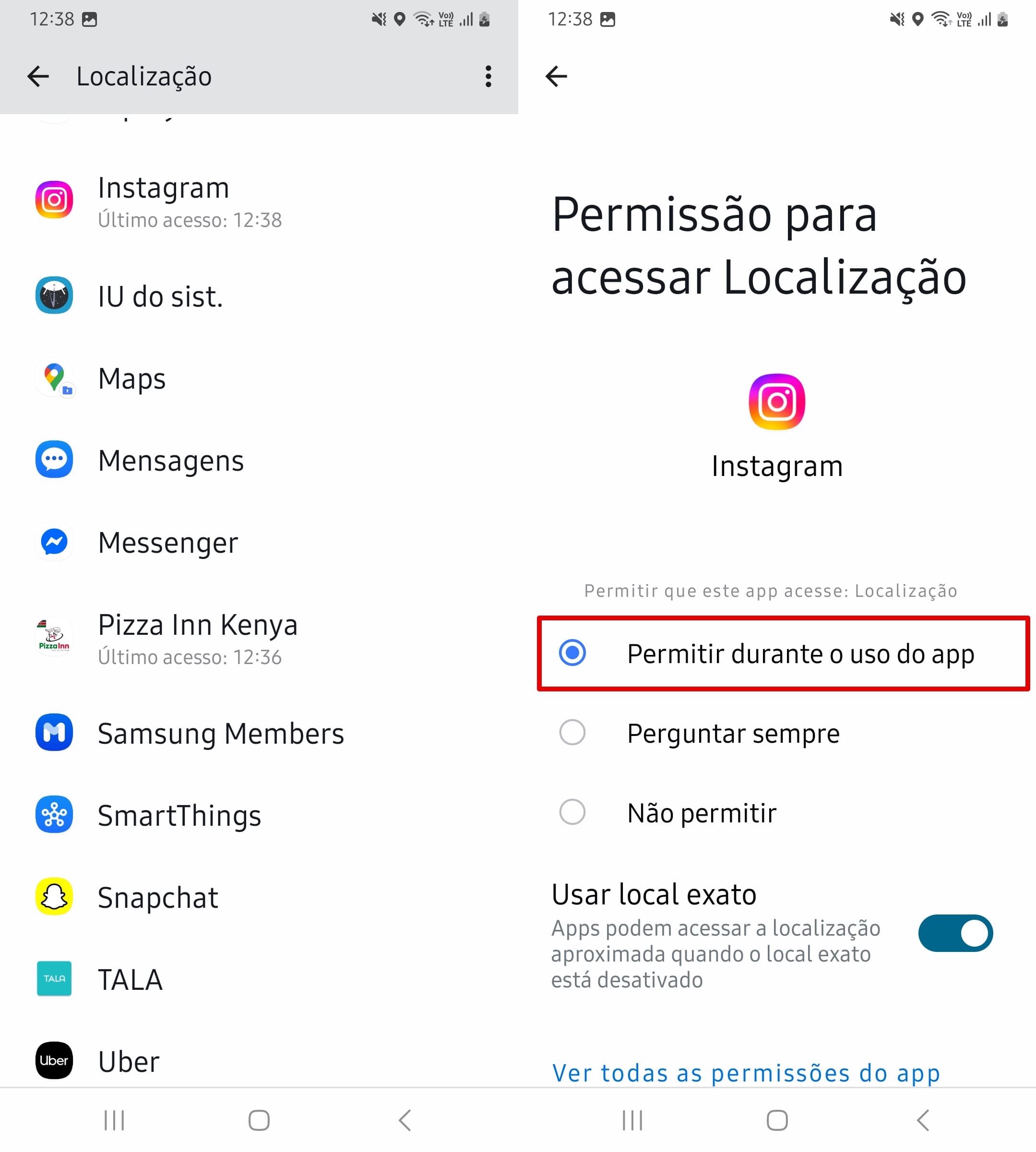Clique em Instagram e escolha "Permitir durante o uso do app".