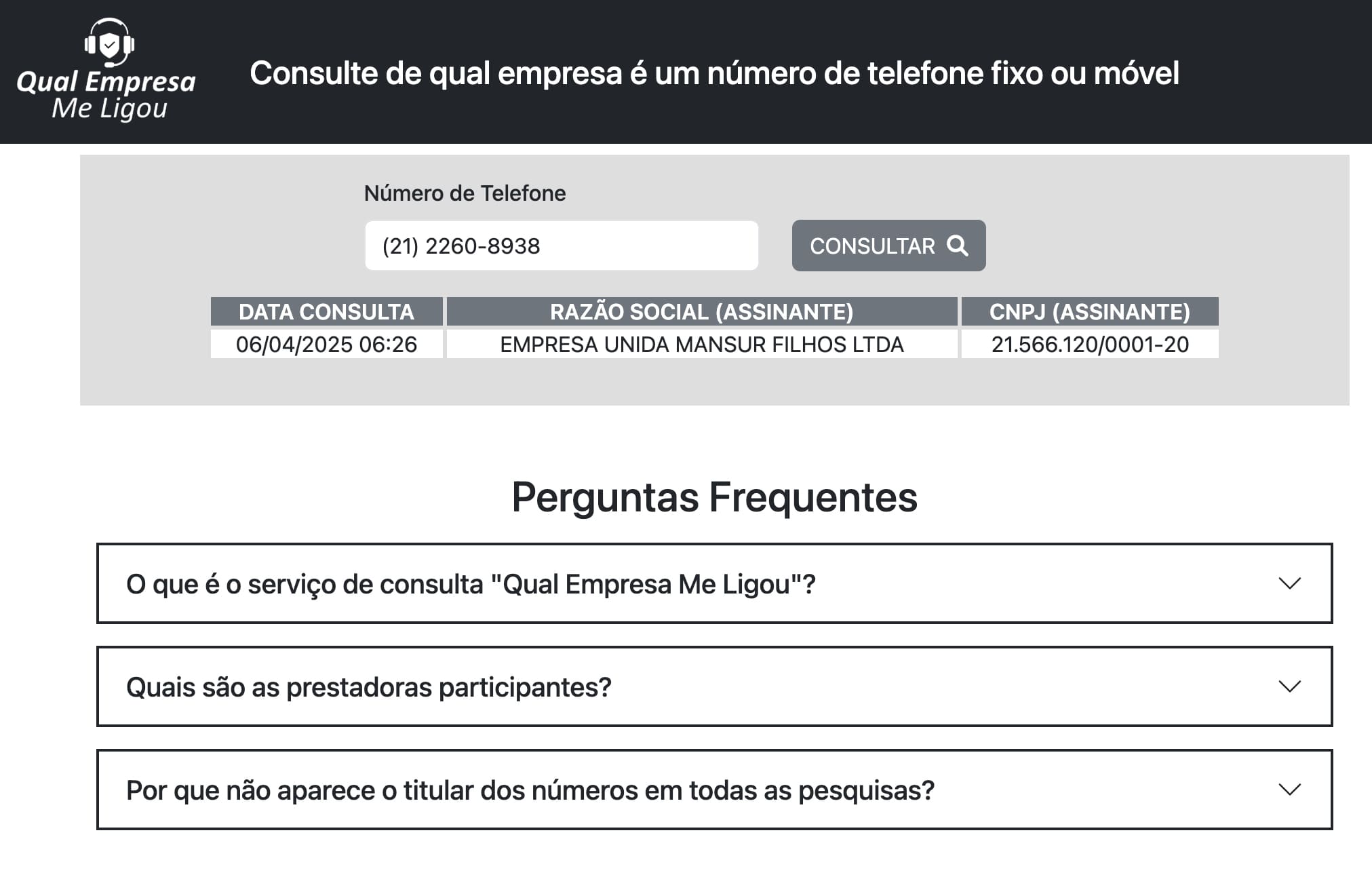 Depois de inserir o número de telefone no campo de pesquisa, você pode verificar as informações sobre esse número.