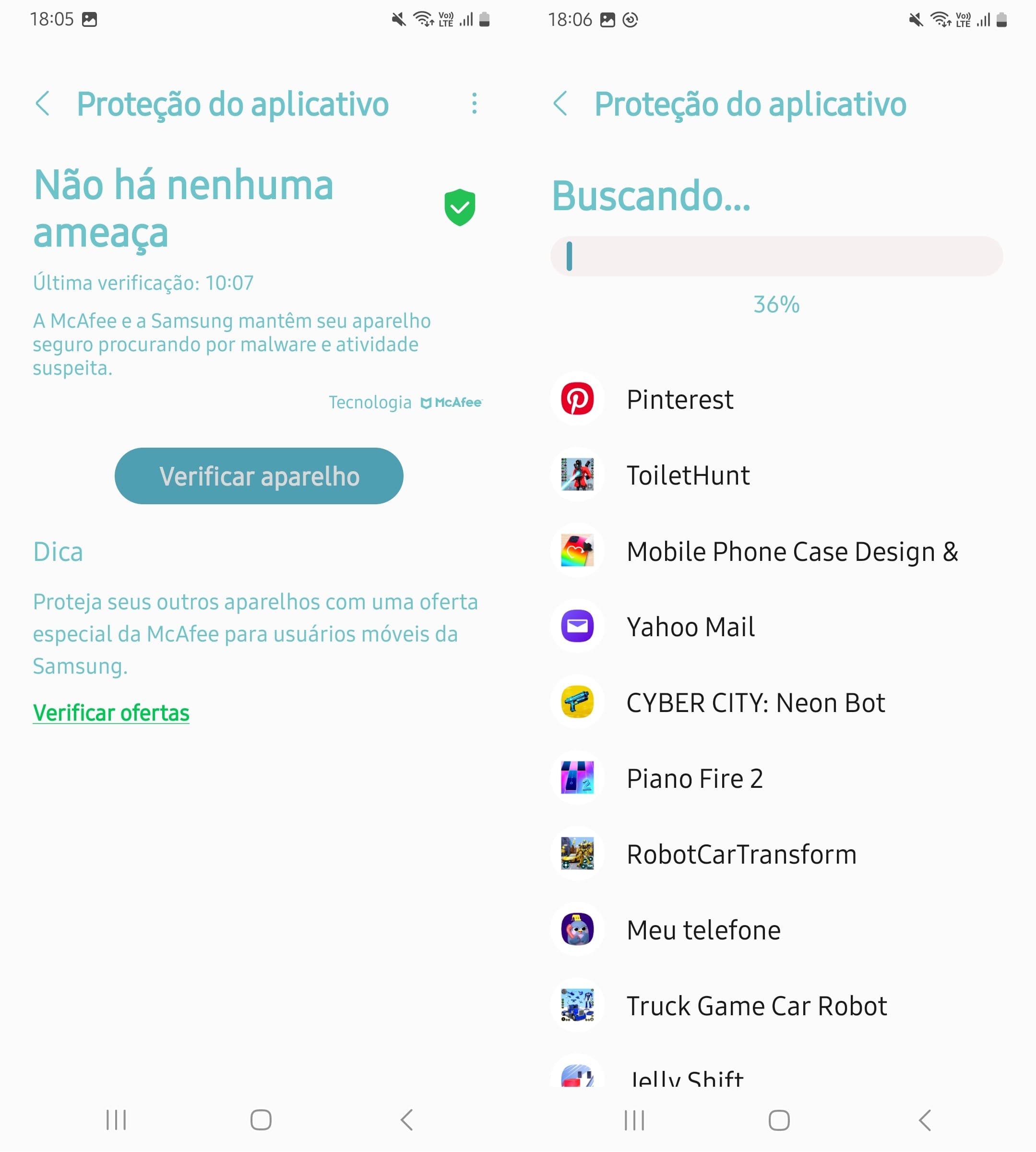 Toque em Proteção do Aplicativo e Verificar Aparelho para checar se há ameaças no Samsung.