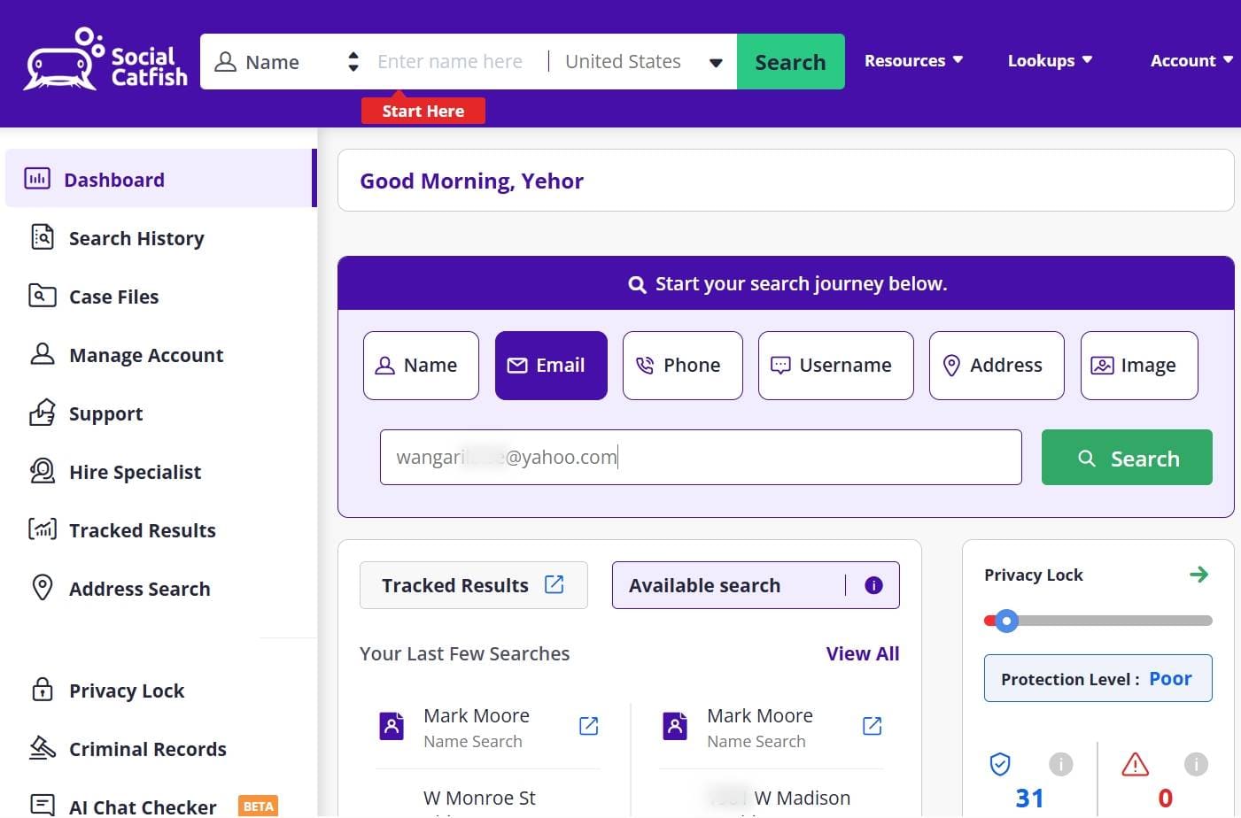 Digite o endereço de e-mail de destino e clique em Search (Pesquisar).