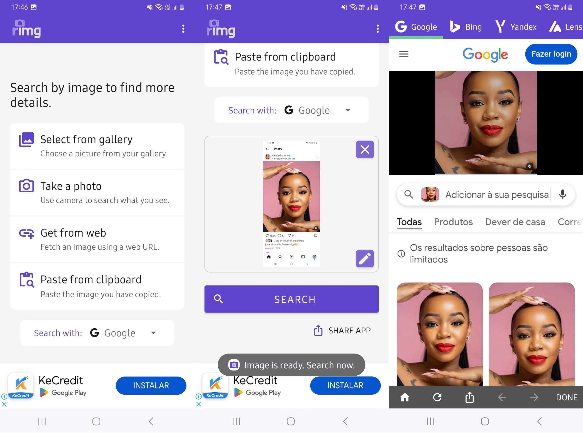 Resultados da busca de imagens do Google usando o aplicativo no Android.