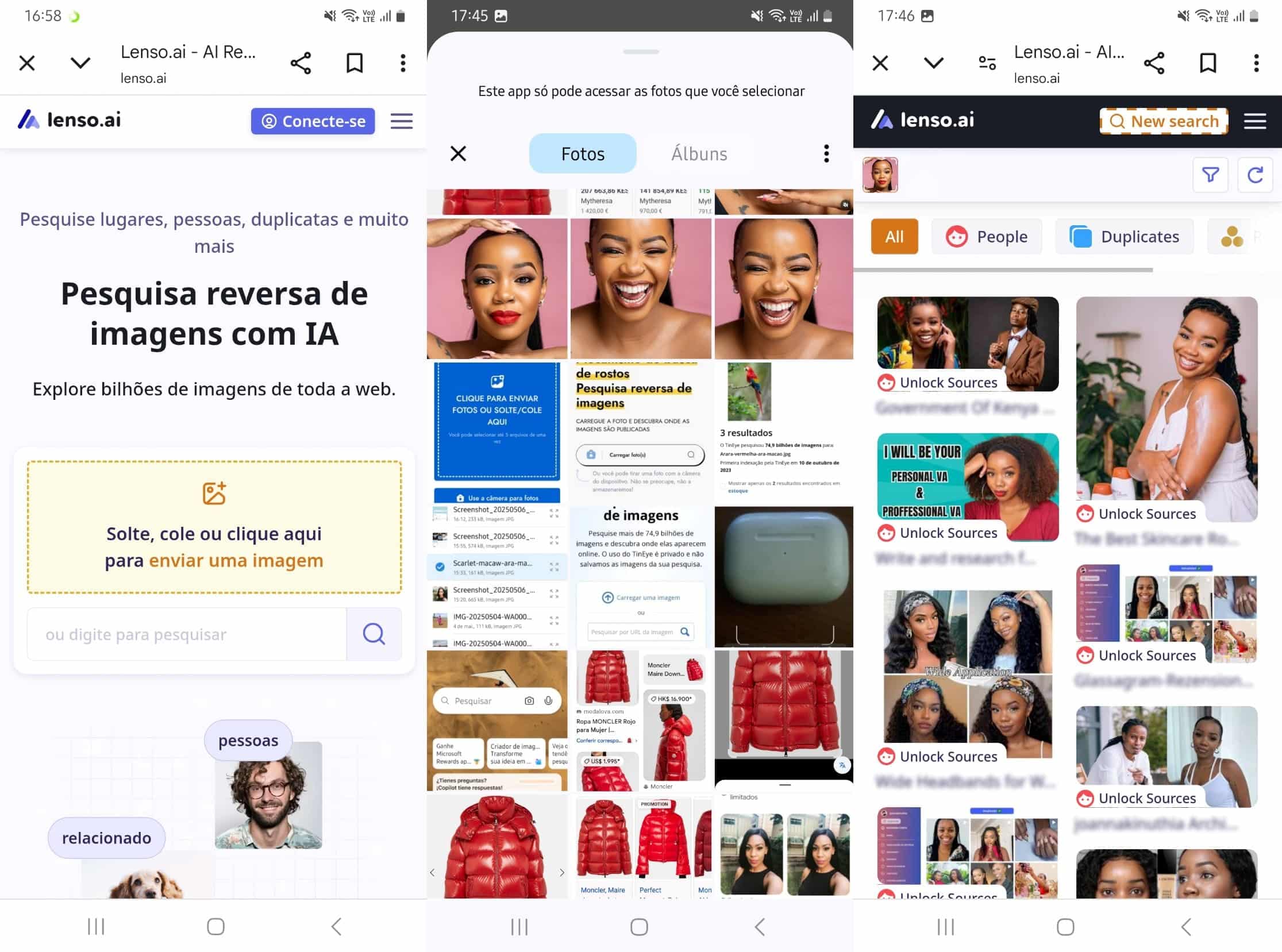 Resultados da busca de imagens com Lenso.ai com correspondência exata de rostos.