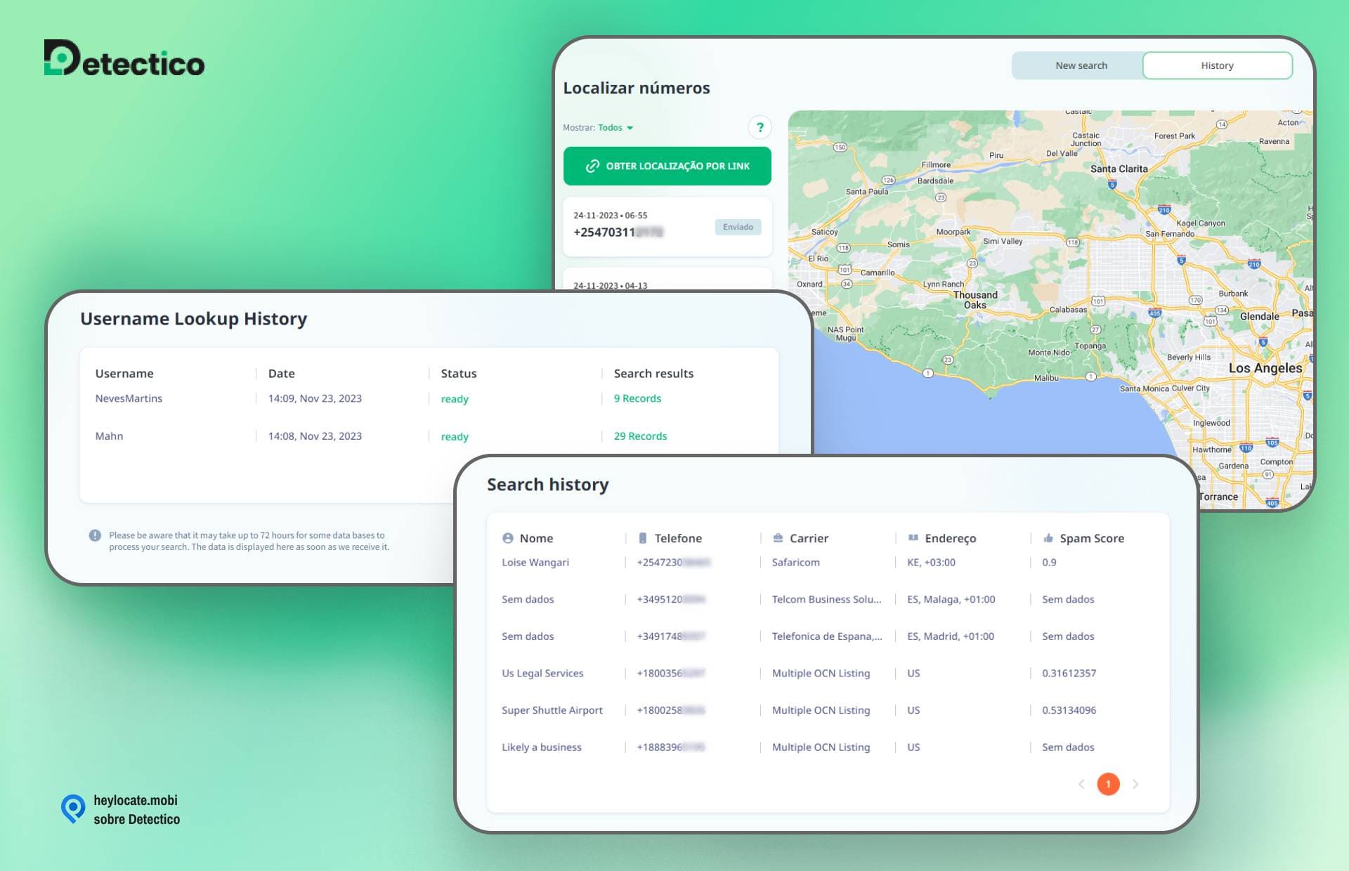 Uma interface mostrando os vários recursos de rastreamento do Detectico. À esquerda, há uma tabela denominada 'Username Lookup History' (Histórico de pesquisa de nome de usuário) que lista nomes de usuário, datas, status e resultados de pesquisa. No centro, uma inserção menor intitulada 'Histórico de pesquisa' exibe uma lista de nomes, números de telefone, operadoras, endereços e pontuações de spam. À direita, há um mapa com uma guia "Novo link" e "Histórico de links" acima, indicando o rastreamento geográfico. O logotipo do Detectico está na parte superior, e o site 'heylocate.mobi' com o texto 'about Detectico' está na parte inferior.