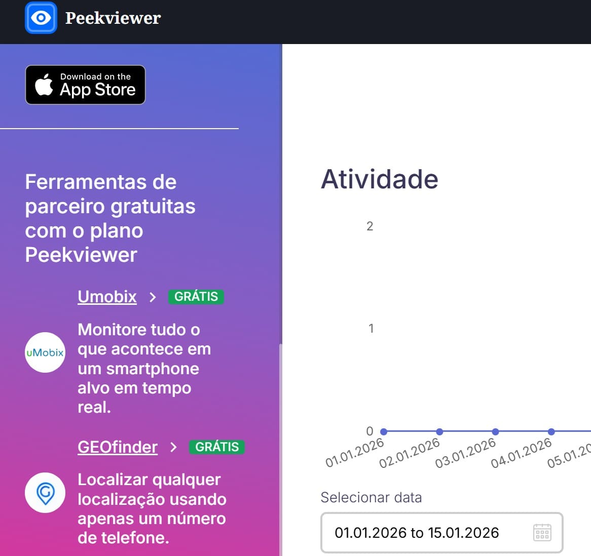 O PeekViewer oferece o uMobix e o GeoFinder gratuitamente dentro do seu plano