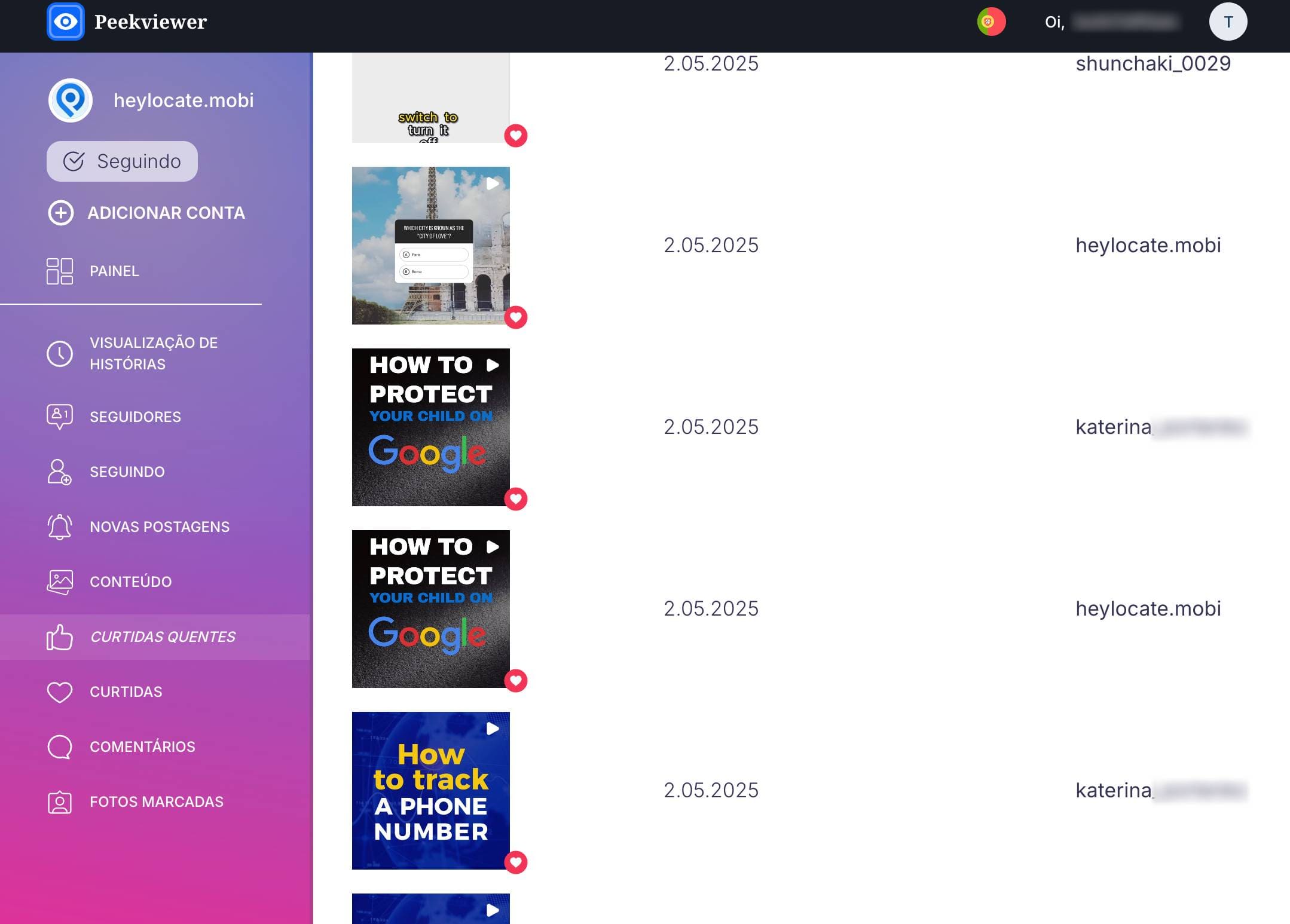 Peekviewer mostrando curtidas quentes de uma publicação em seu painel.